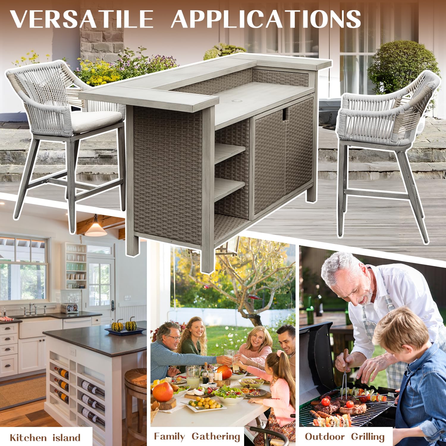 Outdoor Bar Table Set with 2 Stools