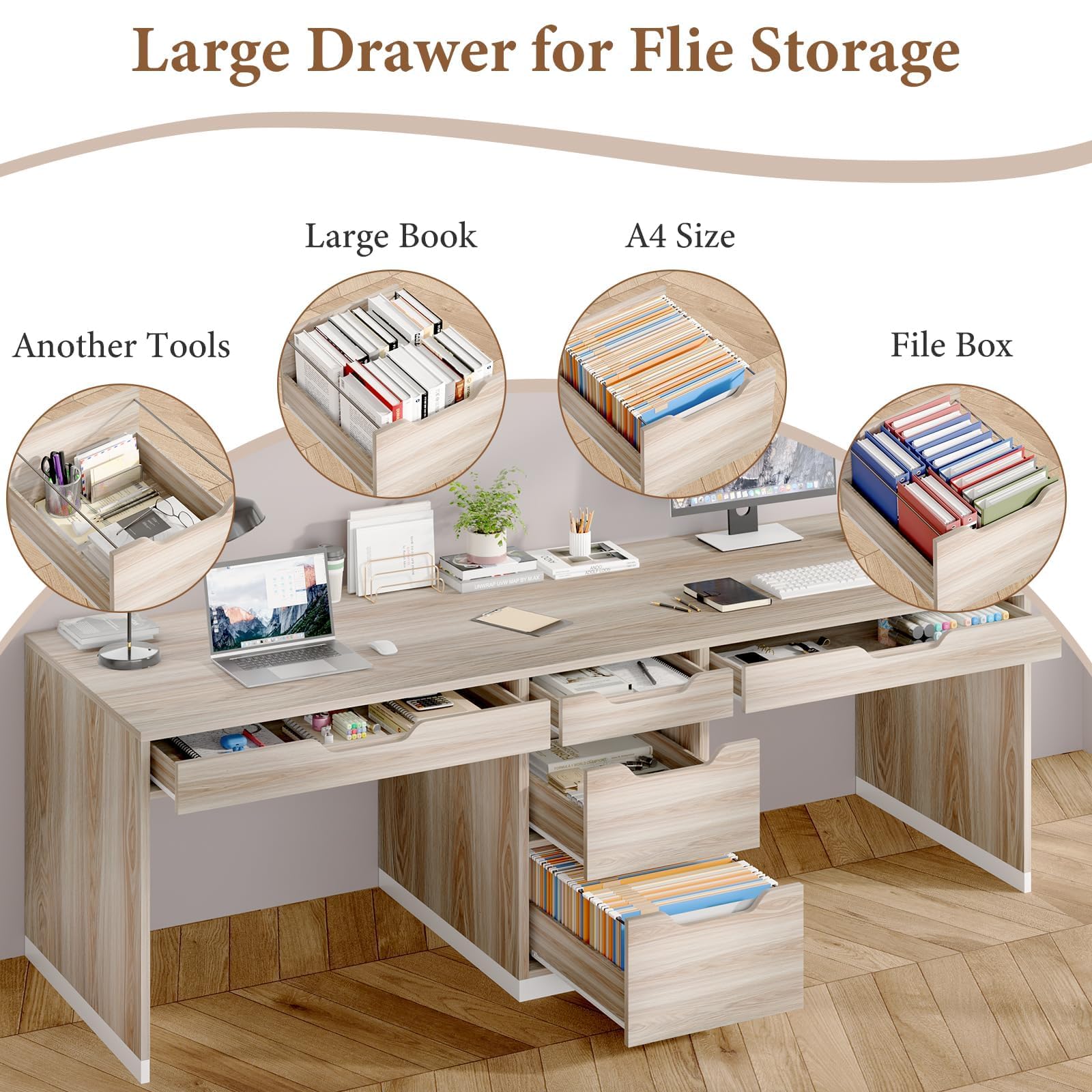 Two Person Desk with 5 Drawers 78 Inch