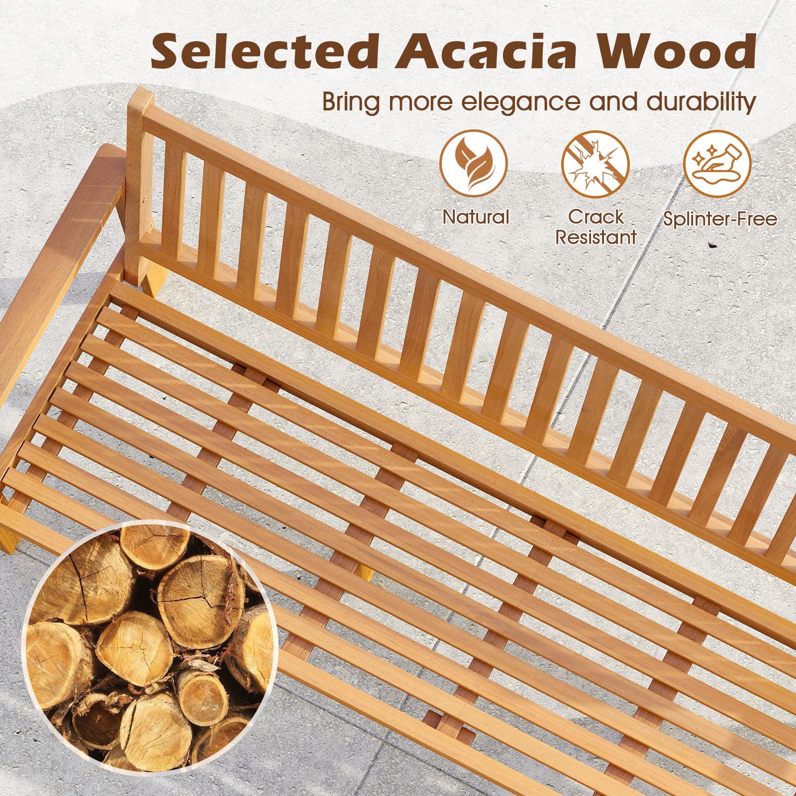 3-Person Acacia Wood Outdoor Bench with Cushion