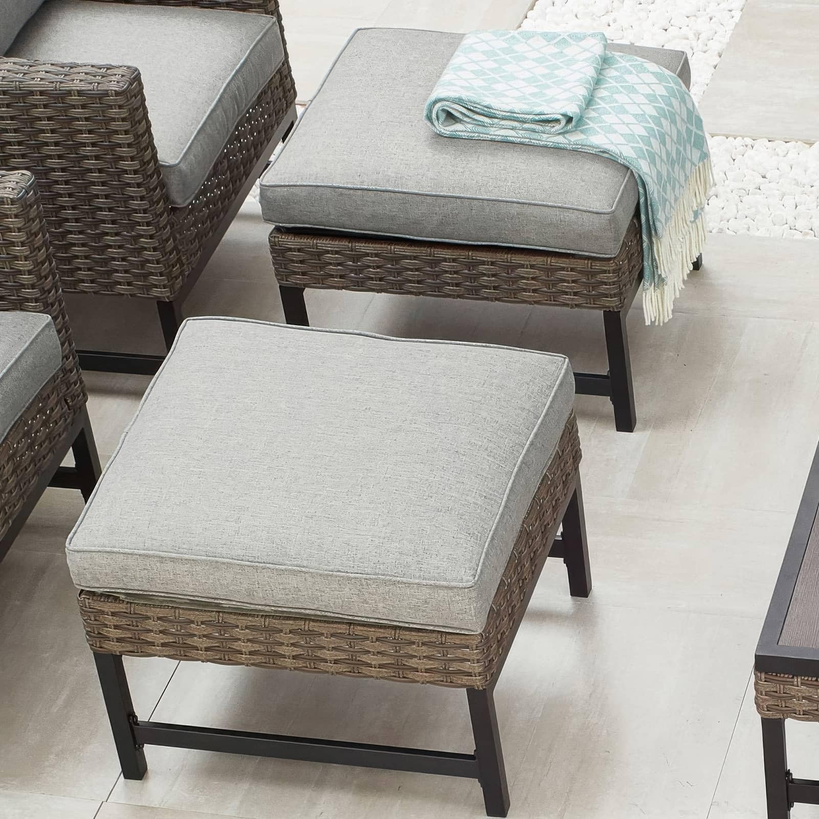 Wicker Patio Ottomans Set of 2 with Cushions