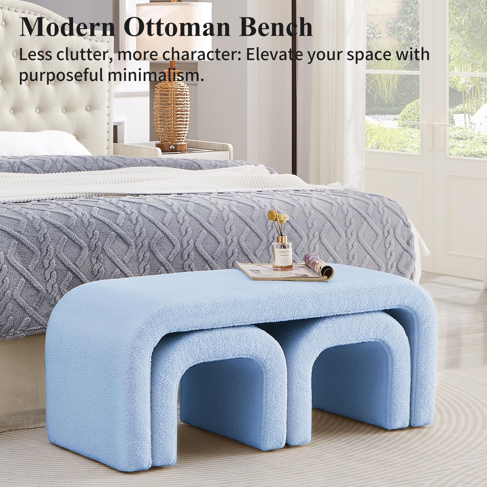 Sudwesto 3-Piece Modern Ottoman Bench Set, 44" Wide Teddy Upholstered End of Bed Bench with 2 Foot Stools, Padded U-Shaped Entry Bench Vanity Stool for Living Room Bedroom (Light Blue)