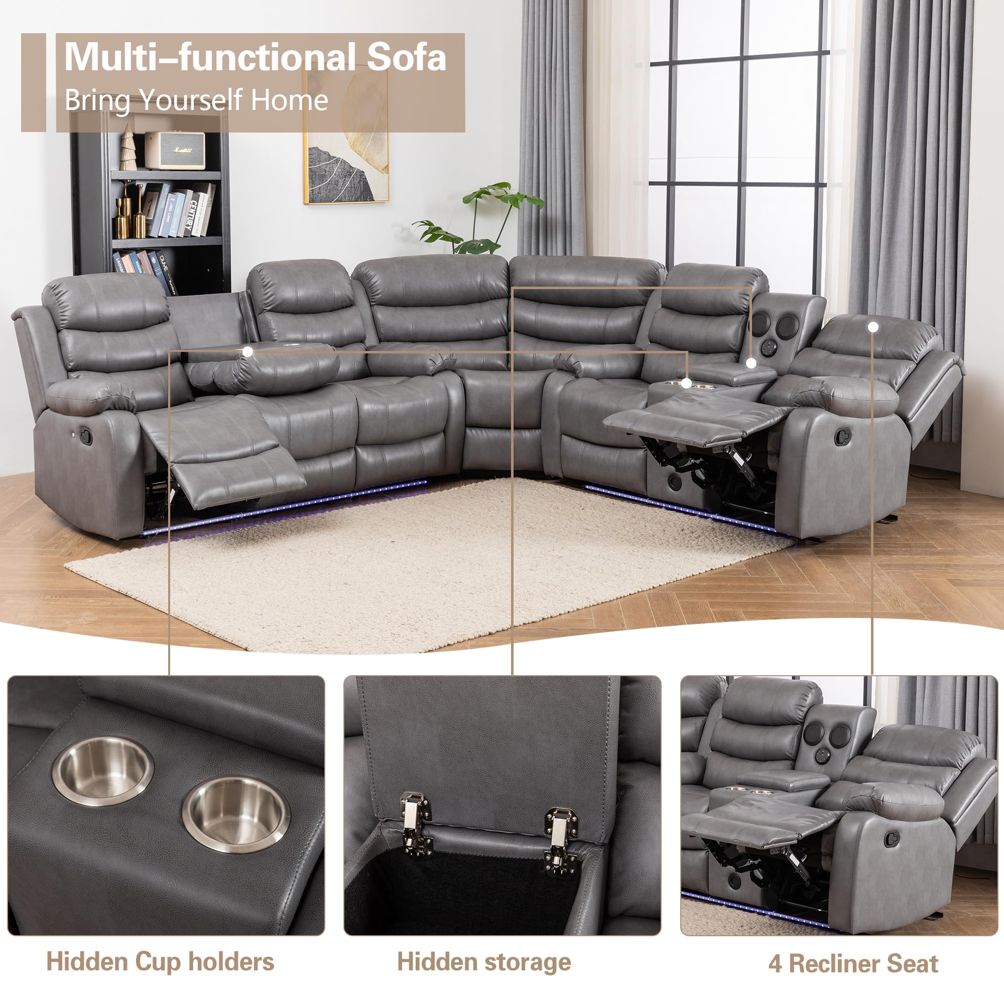Faux Leather Reclining Sectional Sofa with LED Light and USB Chargers
