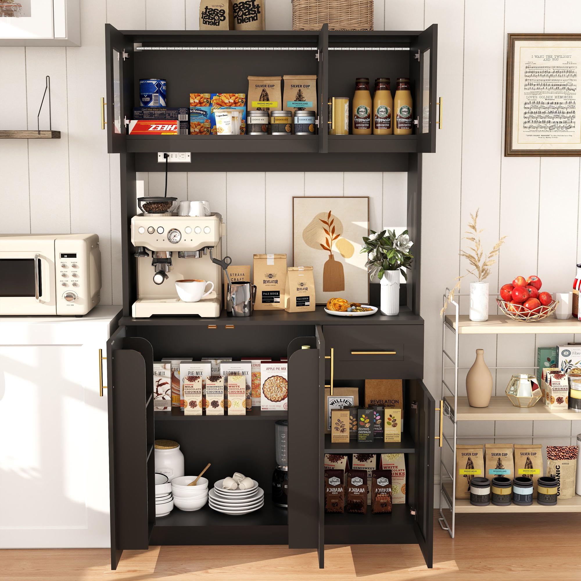 Kitchen Pantry Cabinet with Microwave Shelf and Charging Station