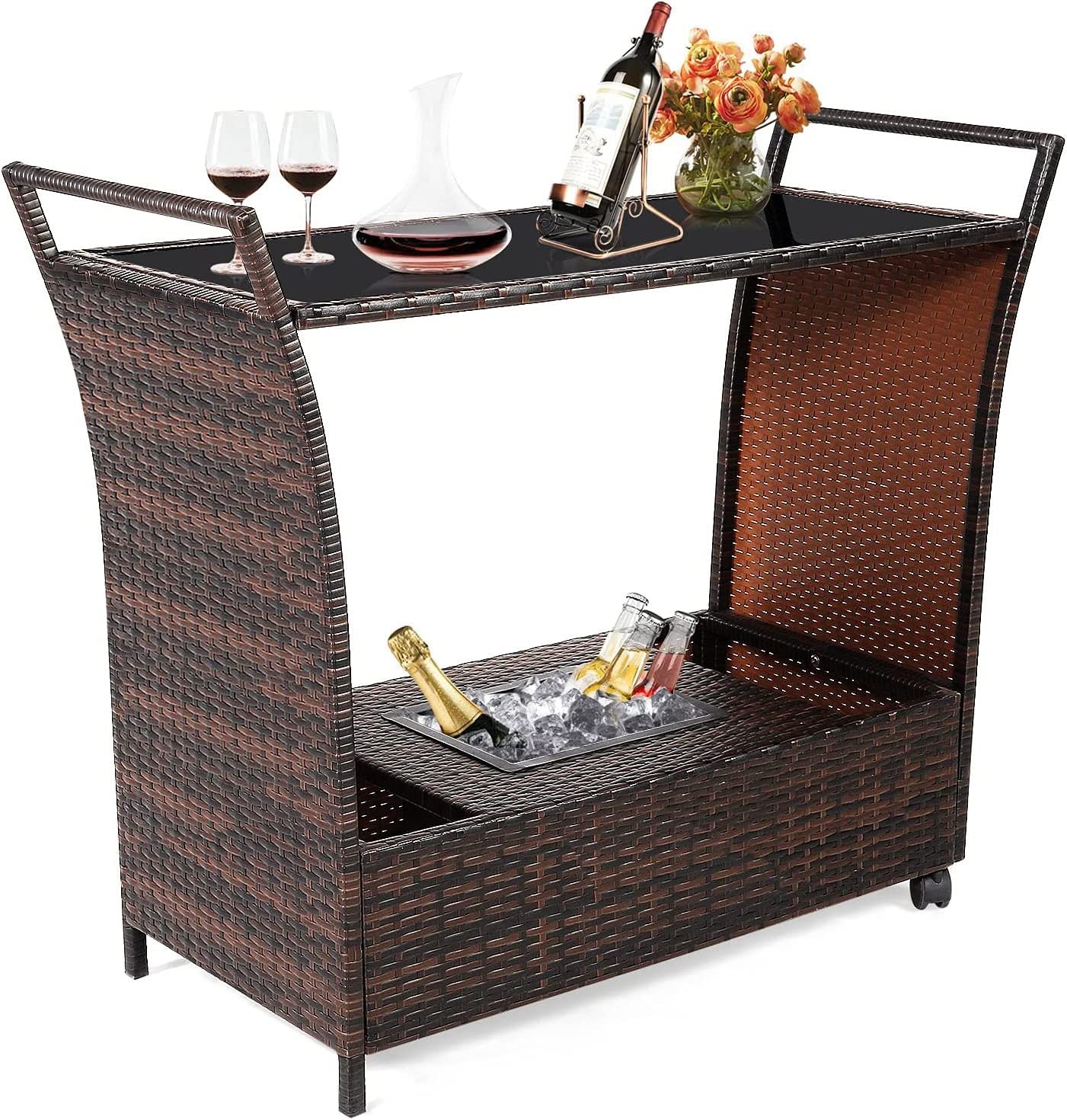 Outdoor Wicker Bar Cart with Ice Bucket