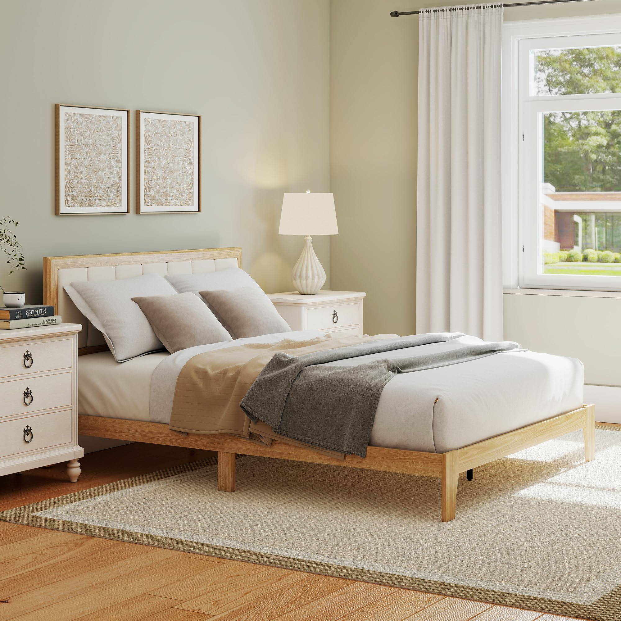 Queen Size Platform Bed Frame with Upholstered Headboard