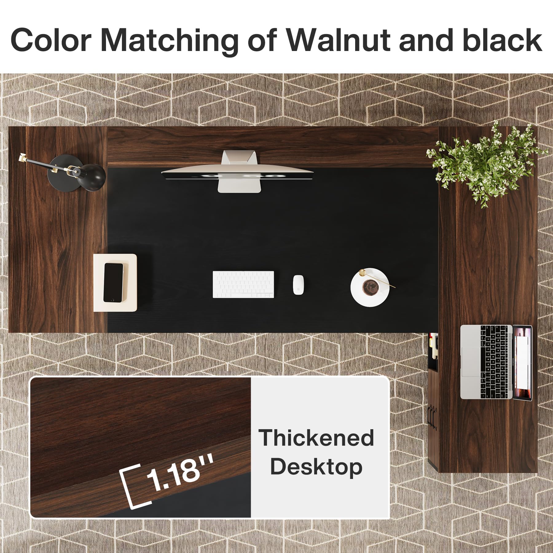 78-Inch L-Shaped Executive Desk with Drawers and File Cabinet