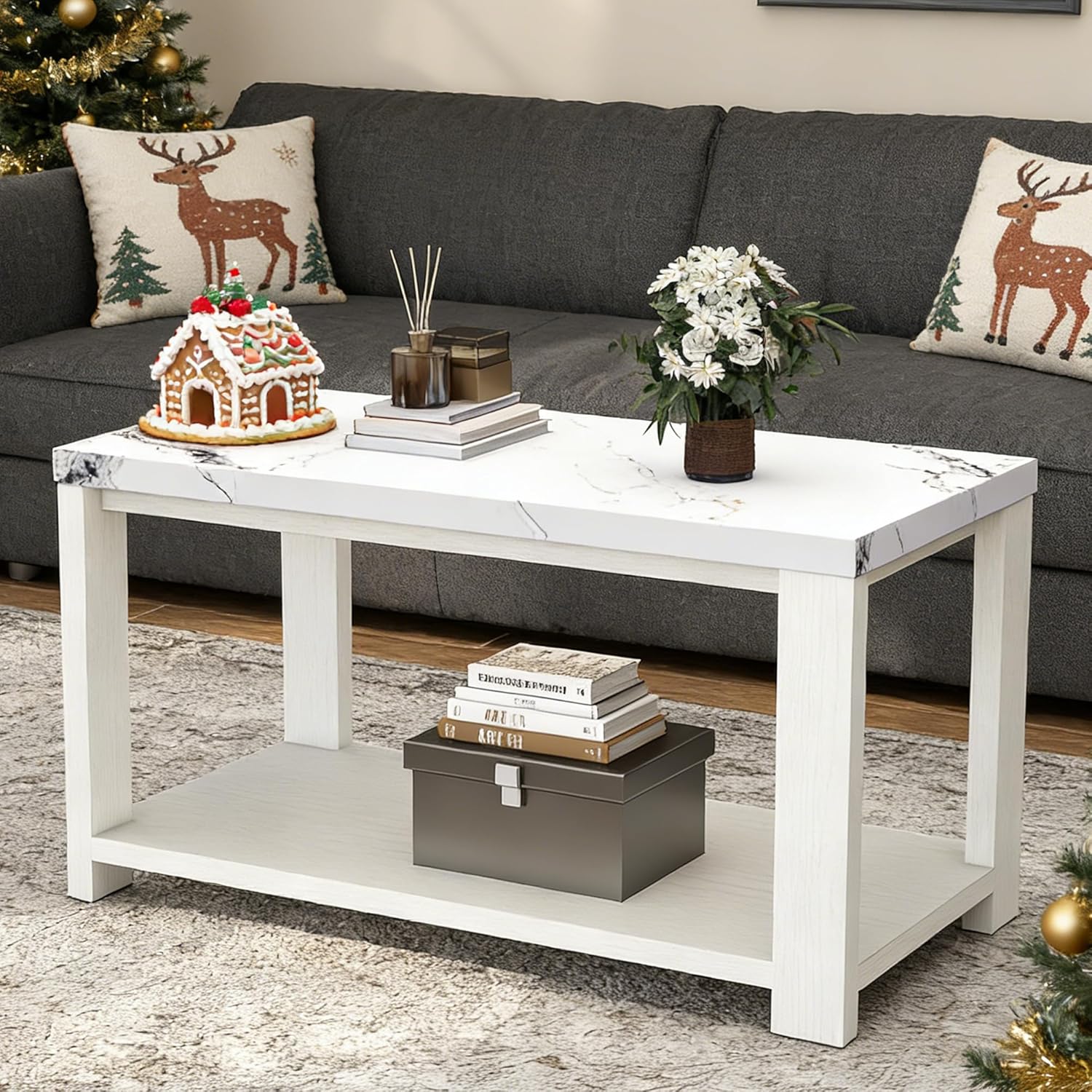 40" Faux Marble Coffee Table with Storage Drawers