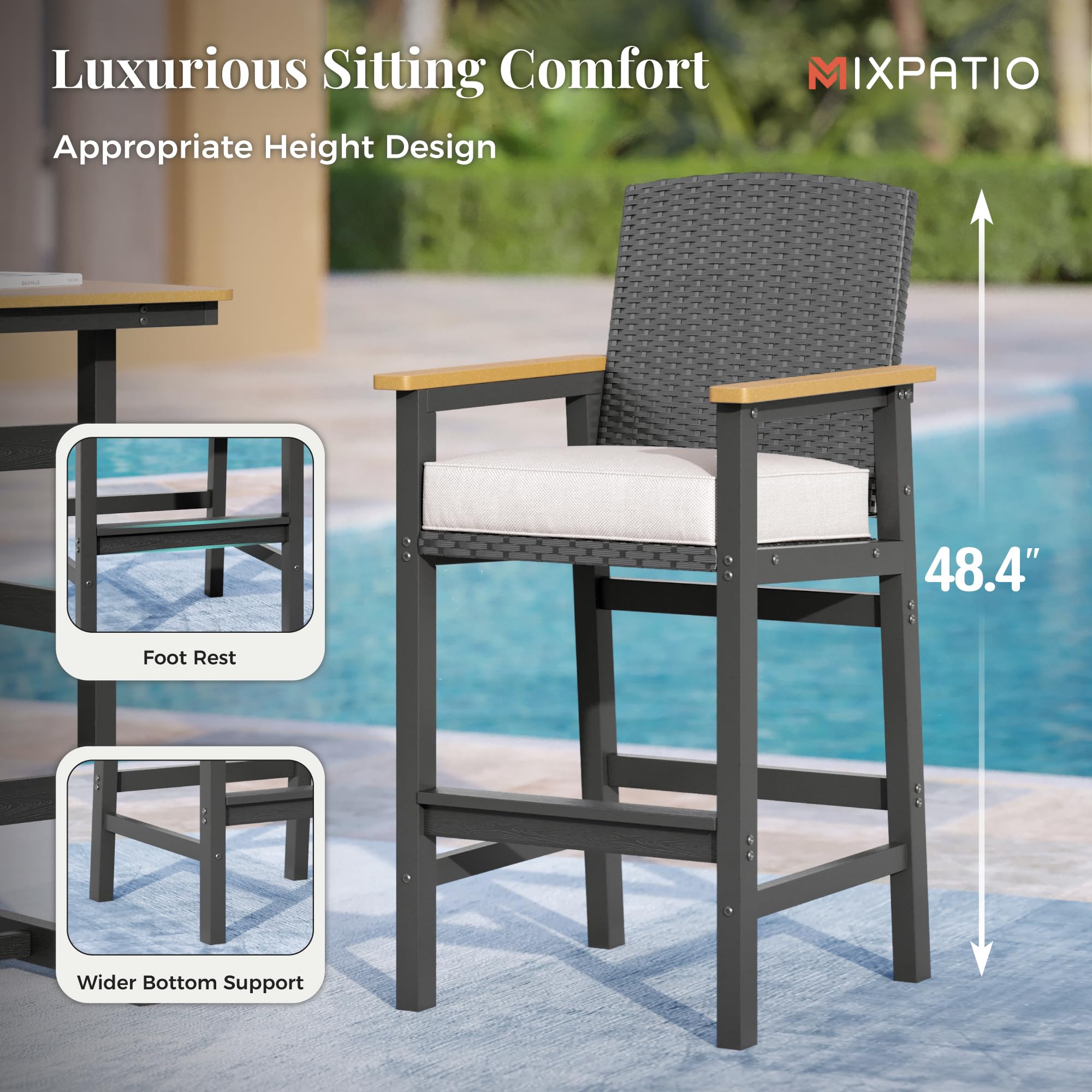 3-Piece Outdoor Bar Set with Wicker Backrest and Cushions