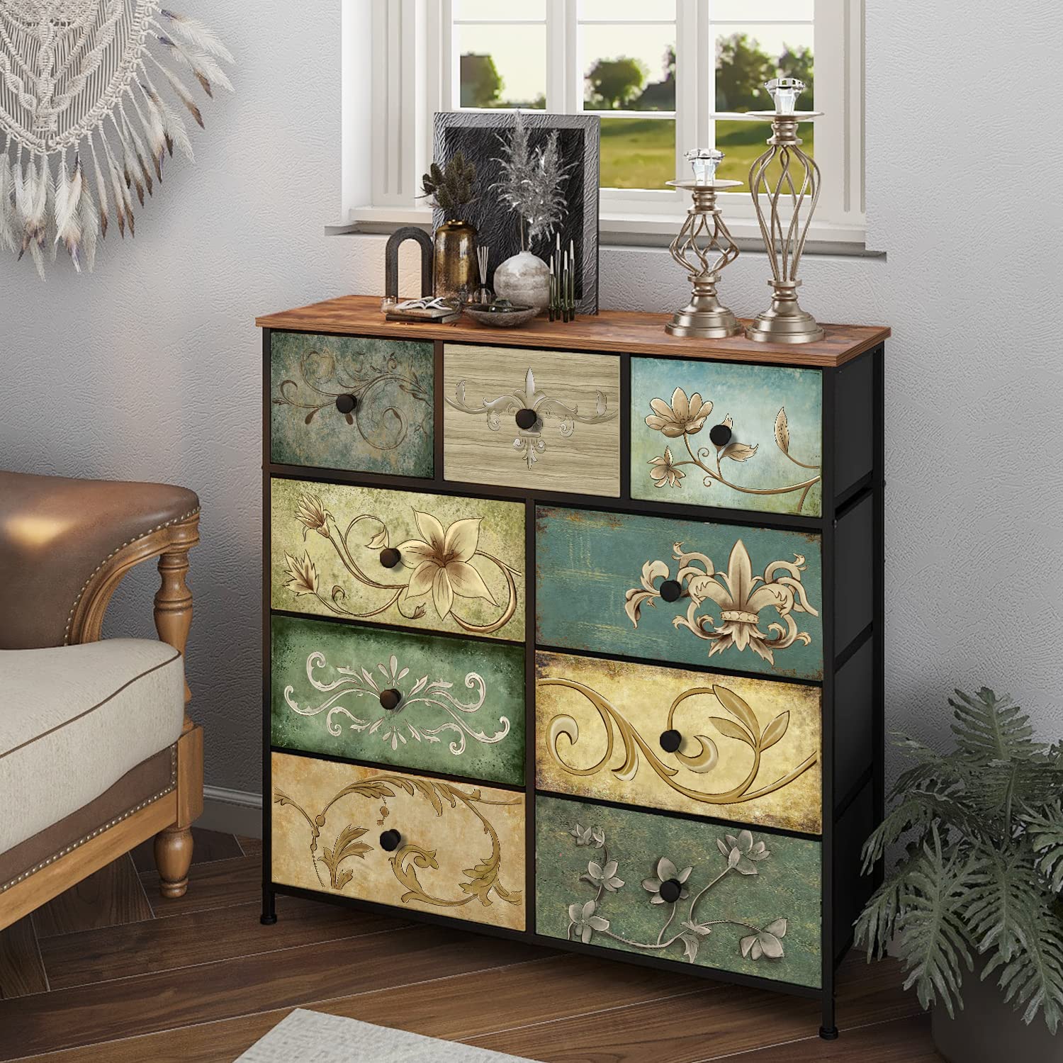9-Drawer Fabric Dresser with Retro Floral Pattern