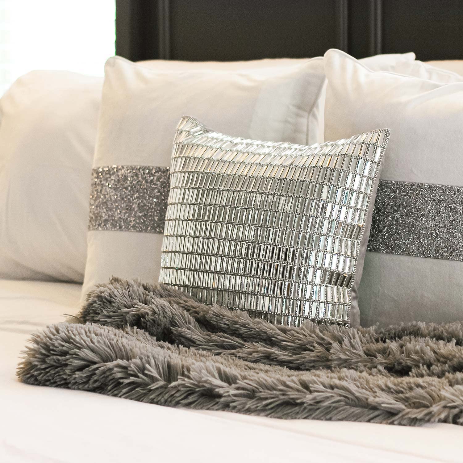 Glass Stone Velvet Throw Pillow Silver 16x16