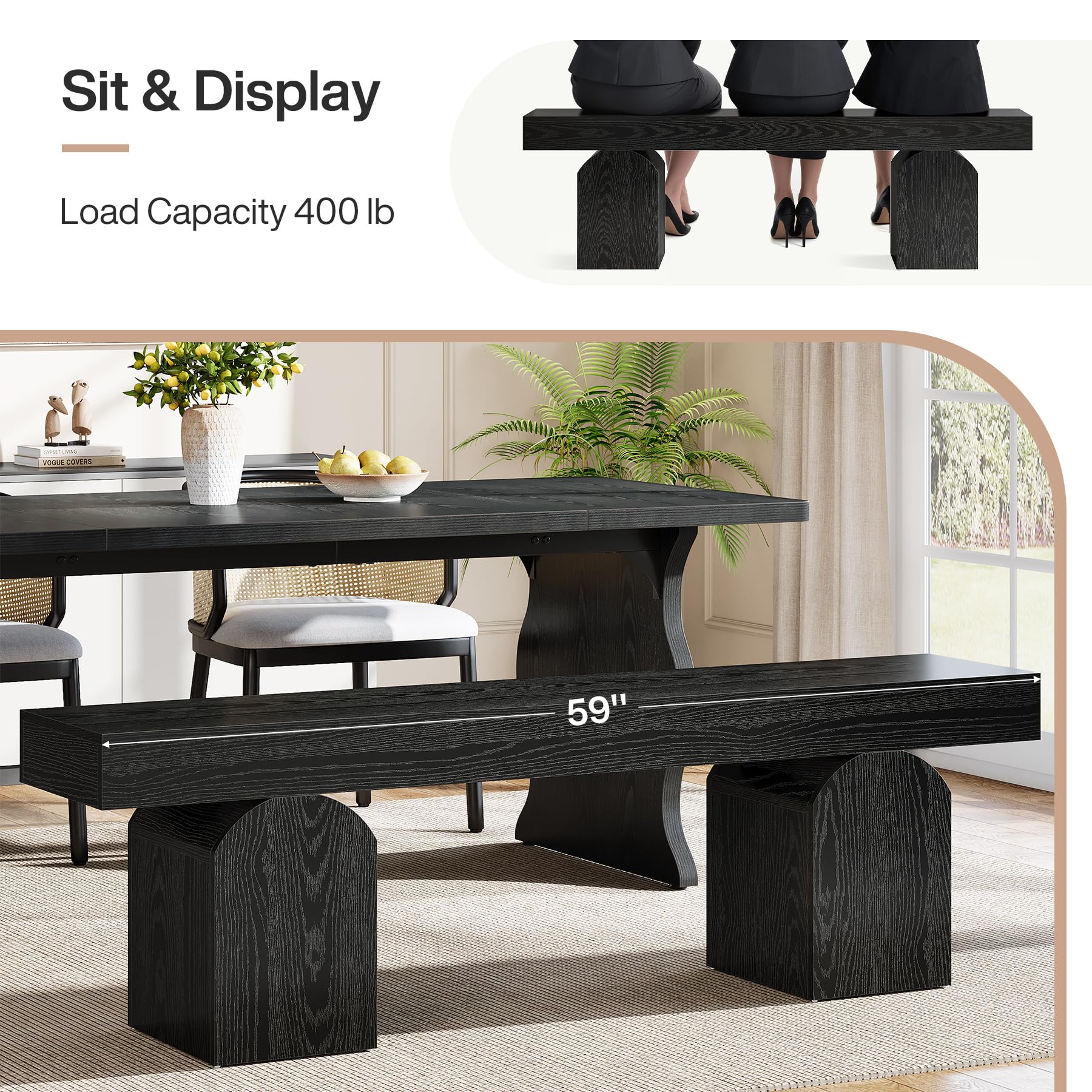 59" Dining Bench for 2-3 People with Arched Base
