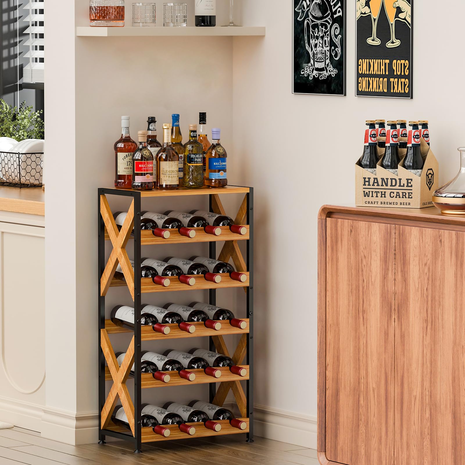 20 Bottle Wine Rack Freestanding Floor with Wood Top