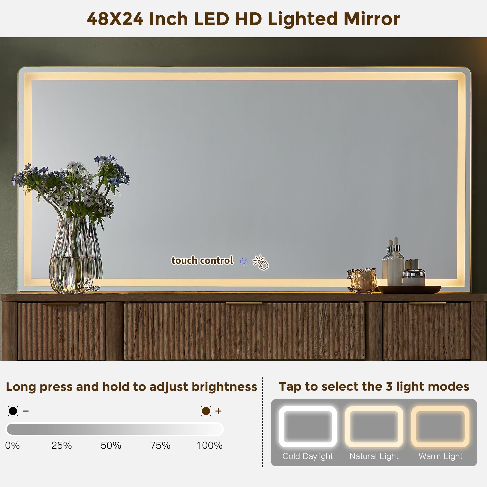 48 Inch Fluted Makeup Vanity Desk with Mirror and HD Lights