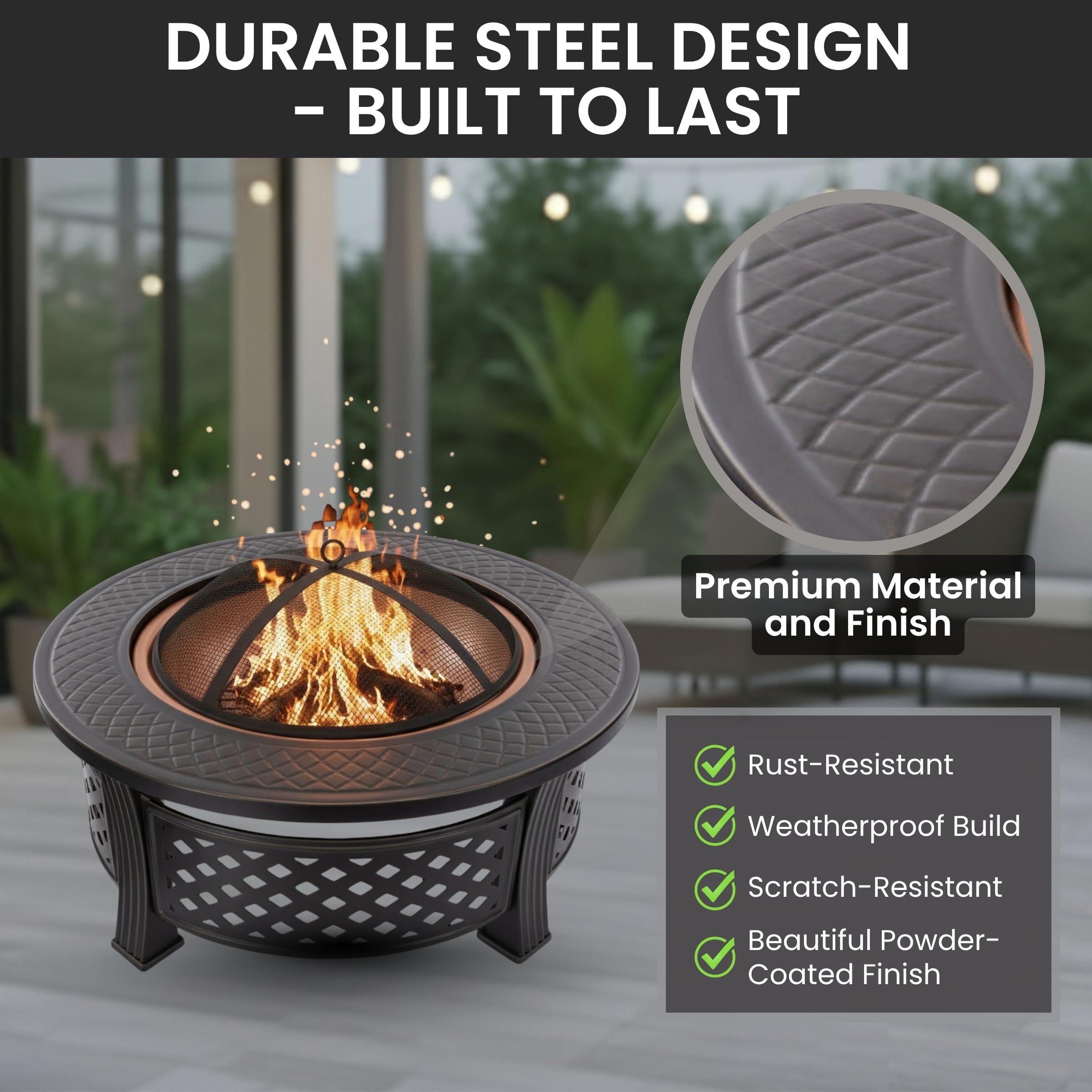 32 Inch Outdoor Fire Pit with Spark Screen Poker and Cover Wood Burning