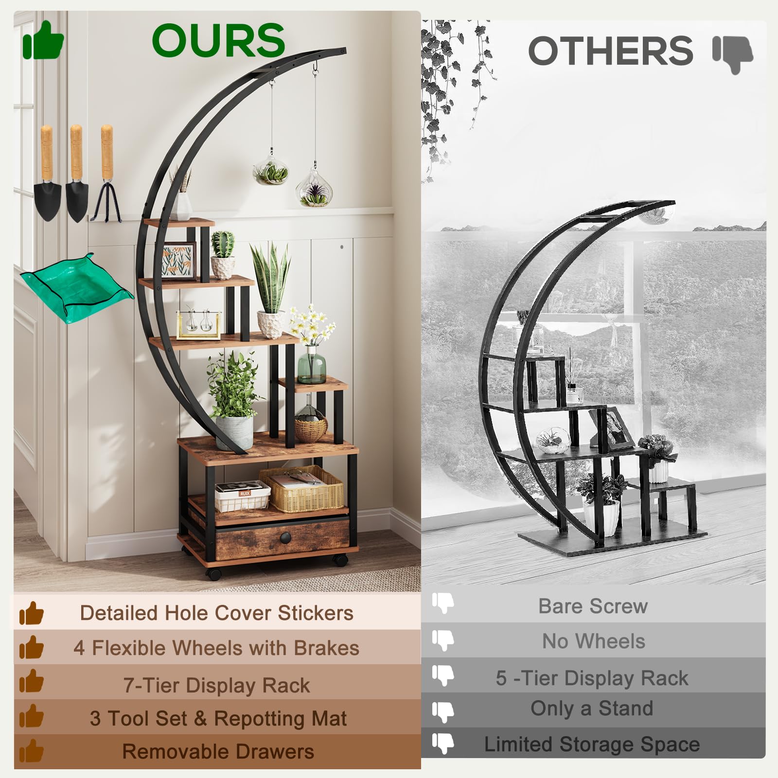 7-Tier Half Moon Plant Stand with Lockable Wheels