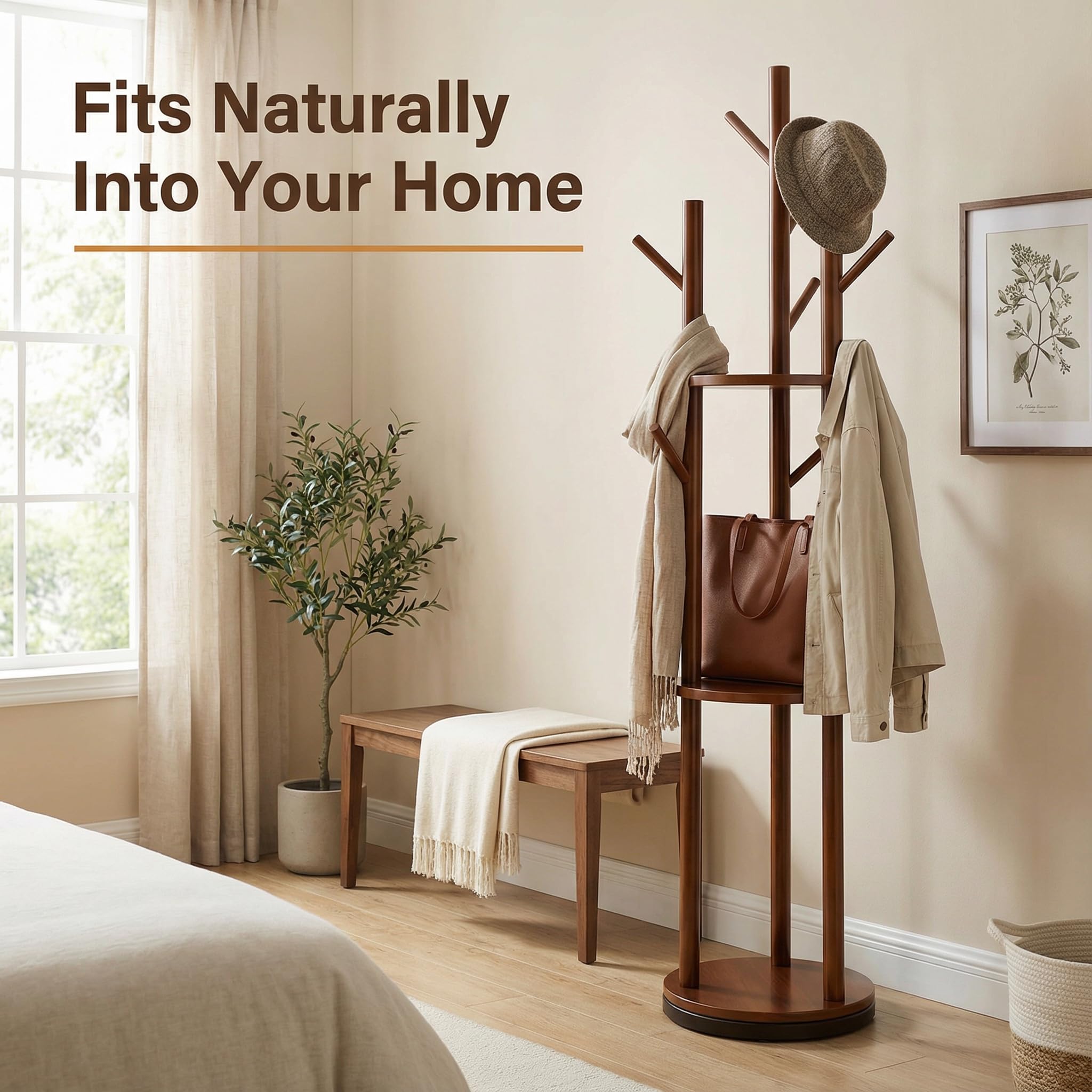 Rotating Solid Wood Coat Rack with Shelves