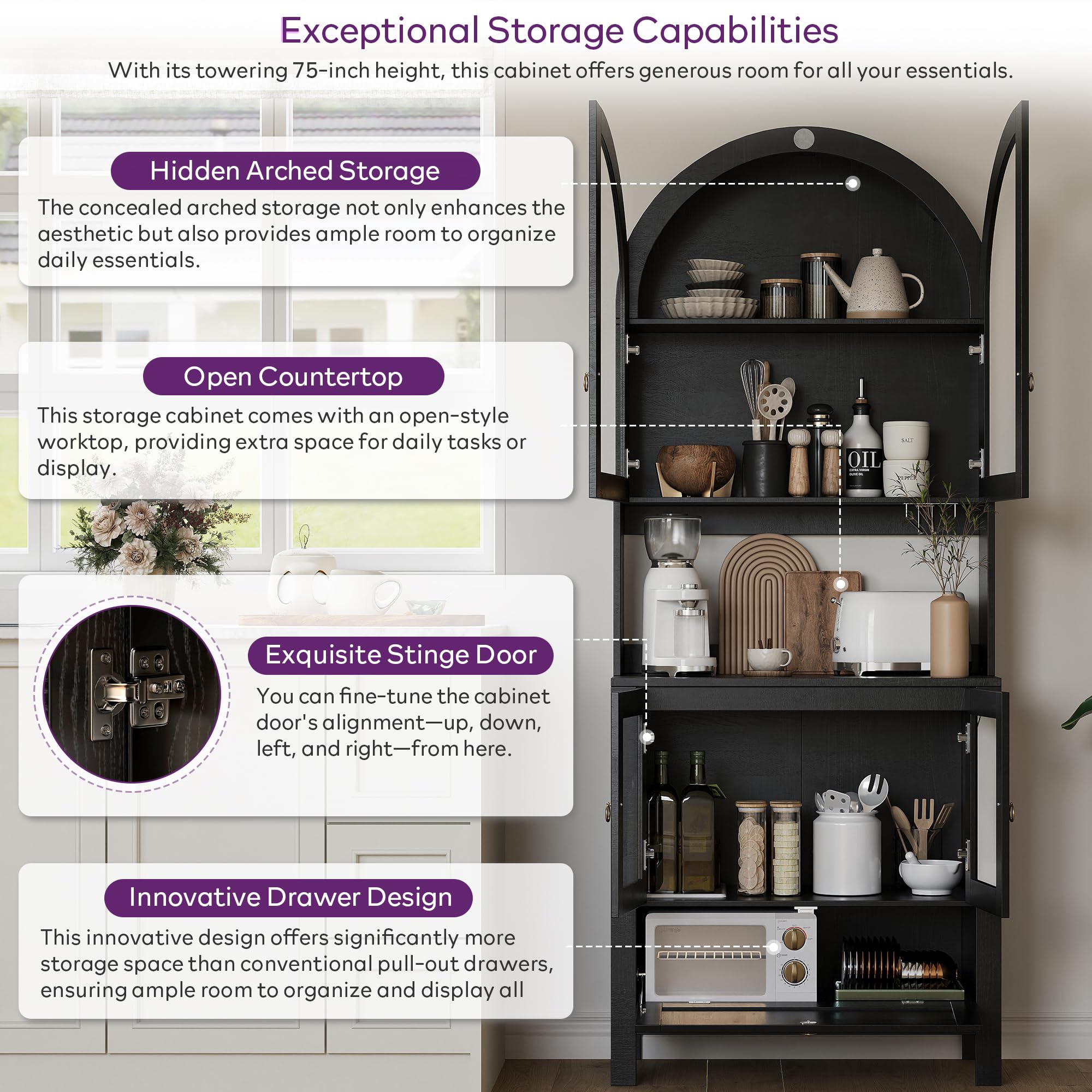 75" Tall Arched Pantry Cabinet with Glass Door