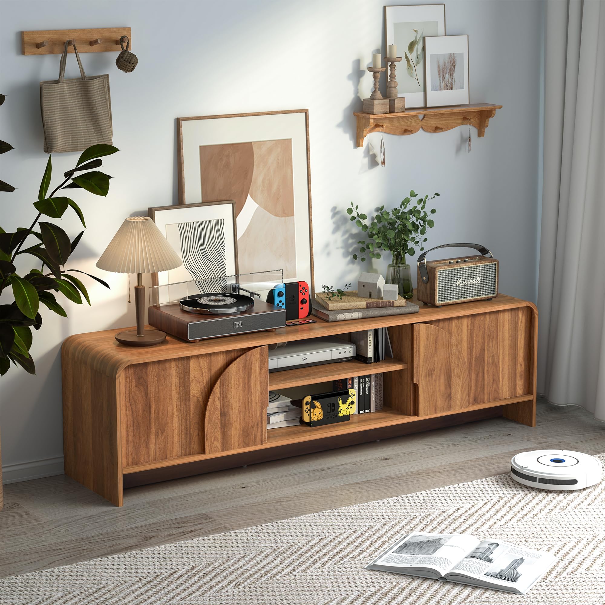 63-Inch TV Stand with Sliding Door and Arched Handles