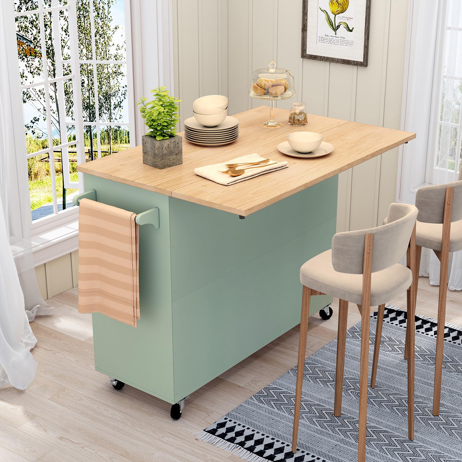 Sage Green Rolling Kitchen Island with Drop-Leaf and Storage