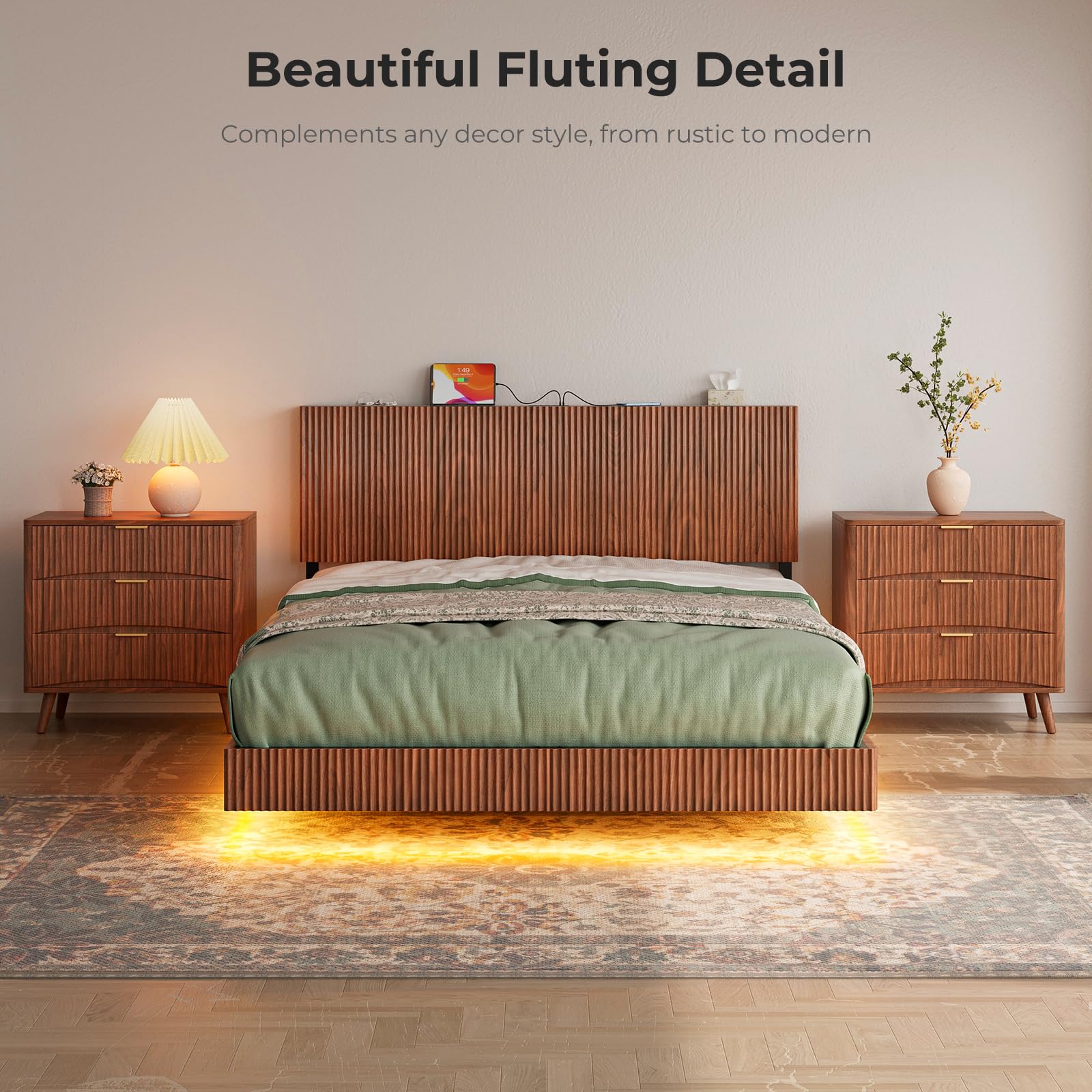 Walnut Queen Floating Bed Frame with LED Lights