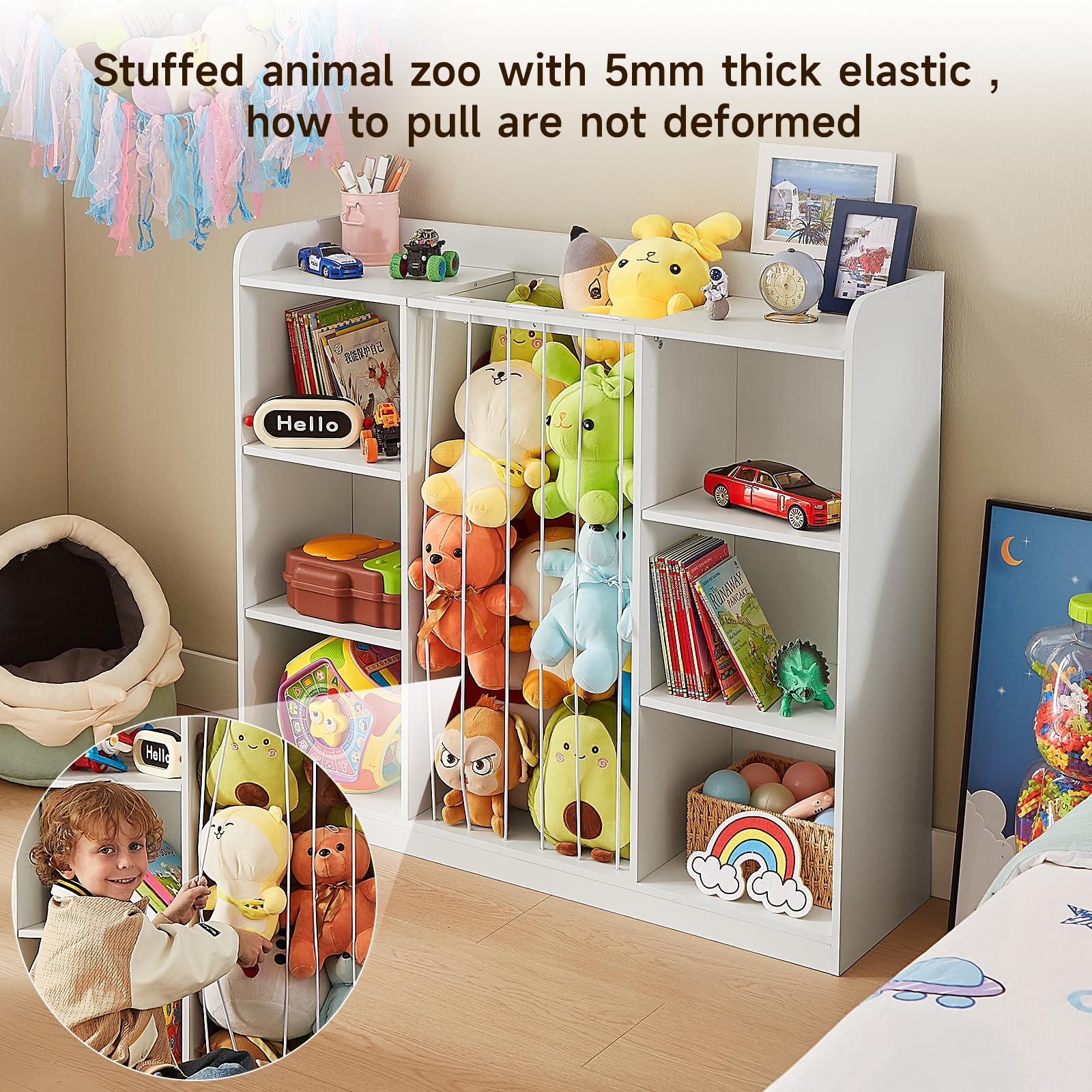 Toy Storage Organizer with Stuffed Animal Zoo Net and 8 Cubbies