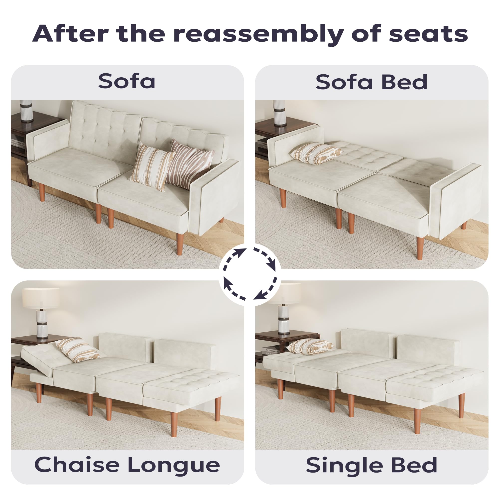 71" Velvet Futon Sofa Bed with Adjustable Backrest