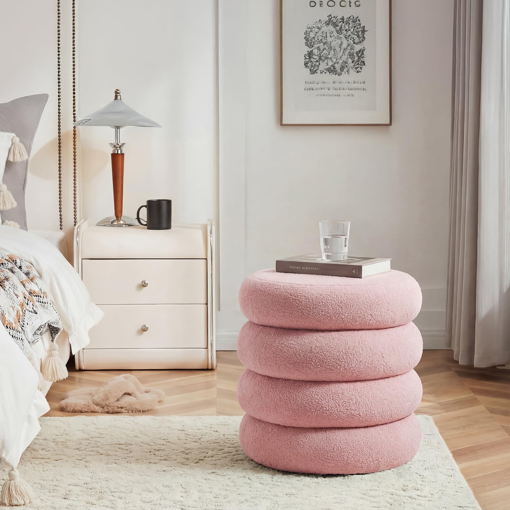 Round Storage Ottoman with Sherpa Fabric