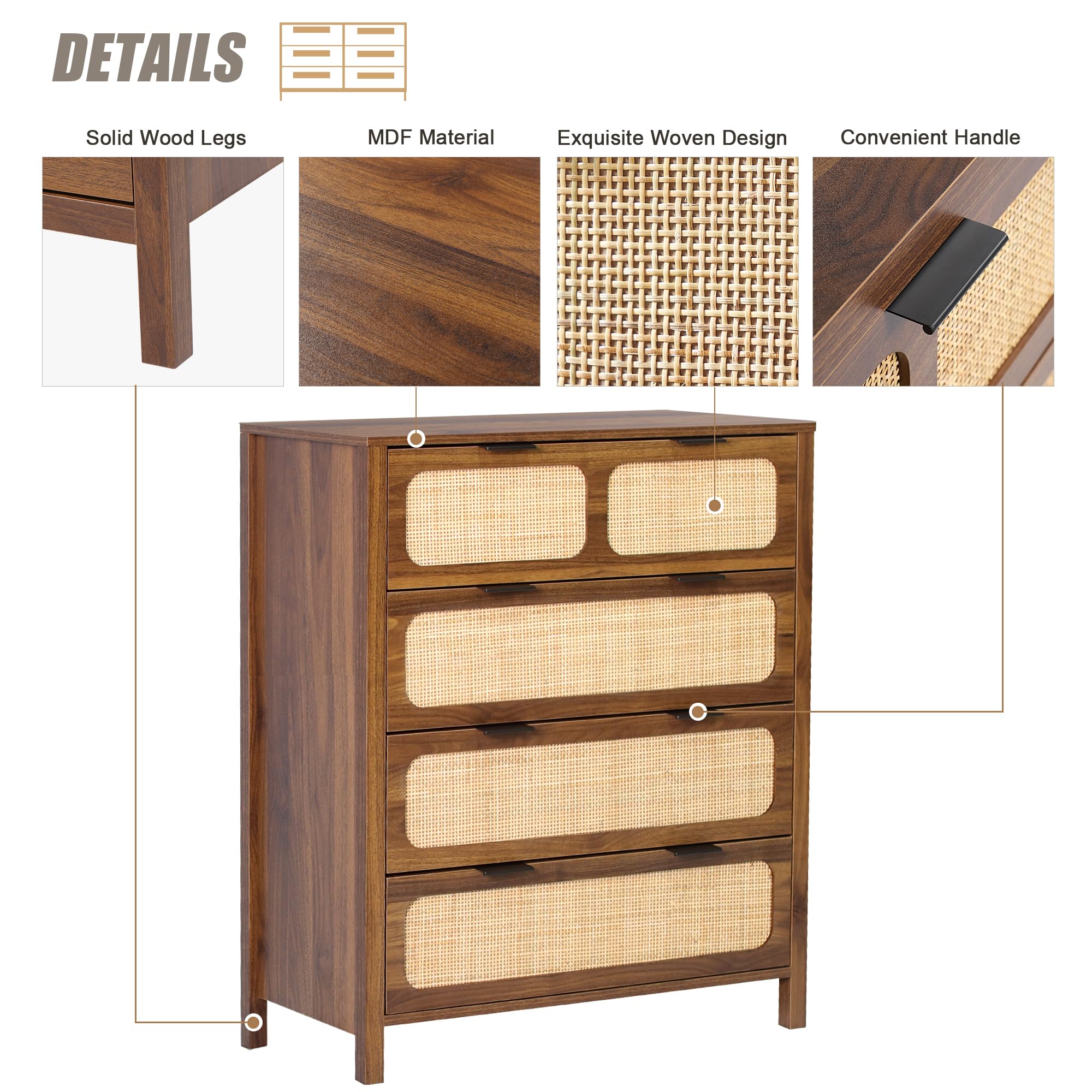 4 Drawer Rattan Dresser with Metal Handles