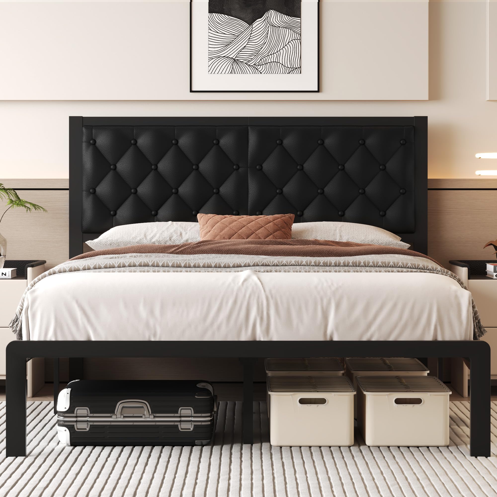 Queen Bed Frame with PU Leather Upholstered Headboard