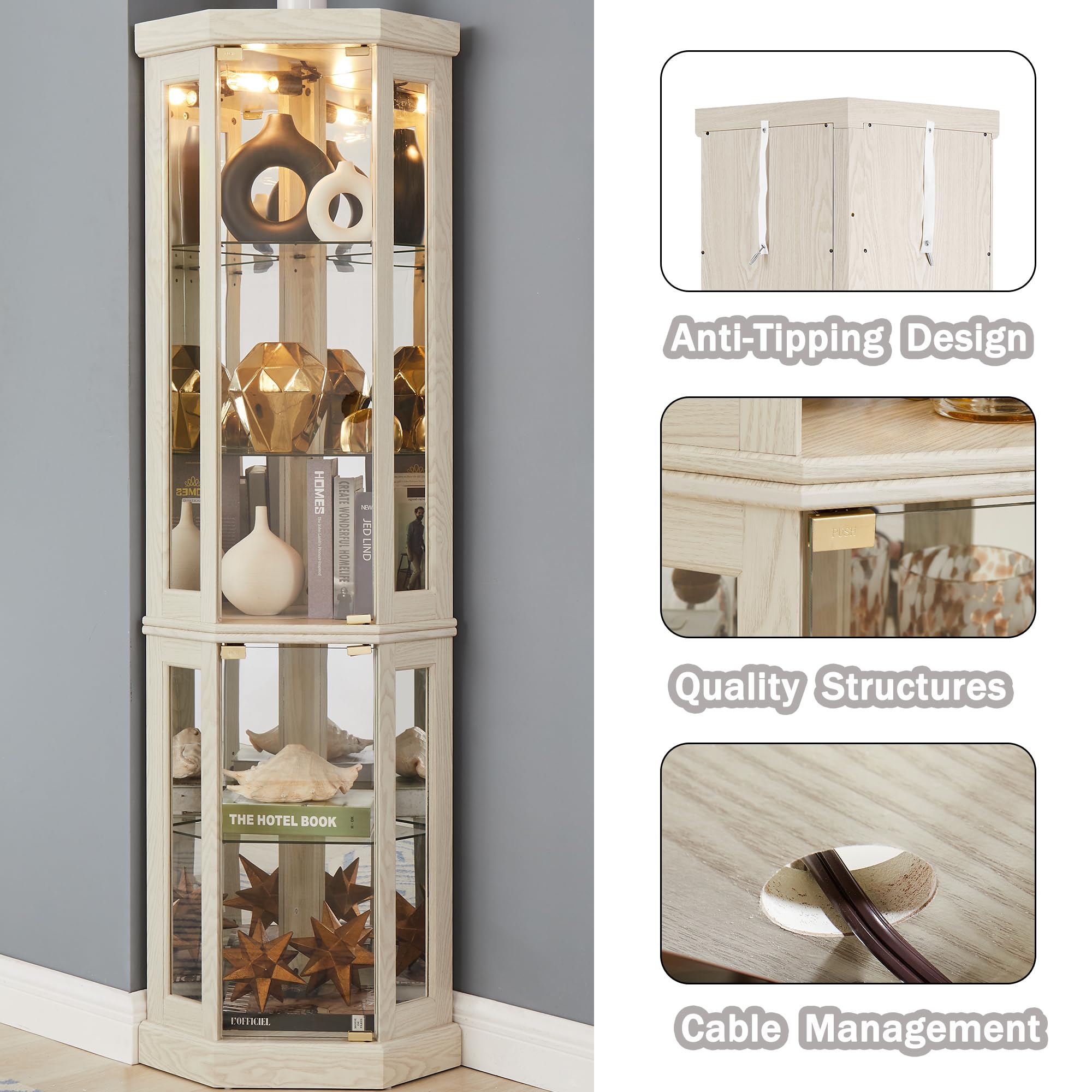 69" Lighted Corner Curio Cabinet with Adjustable Shelves