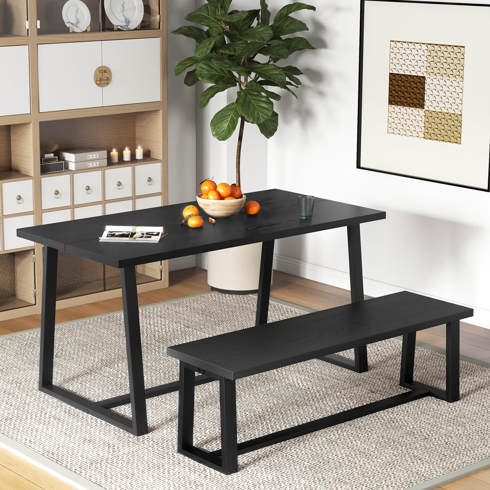56.5" Wood Dining Bench with Metal Frame