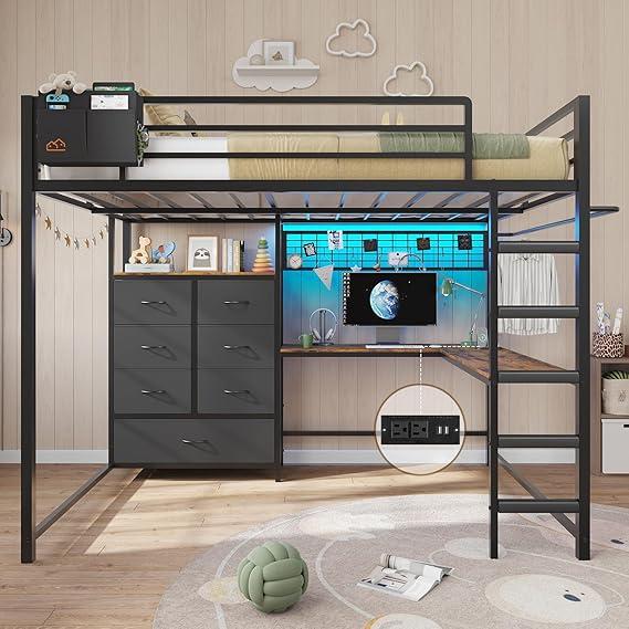 Twin Loft Bed with L-Shaped Desk and Storage Drawers