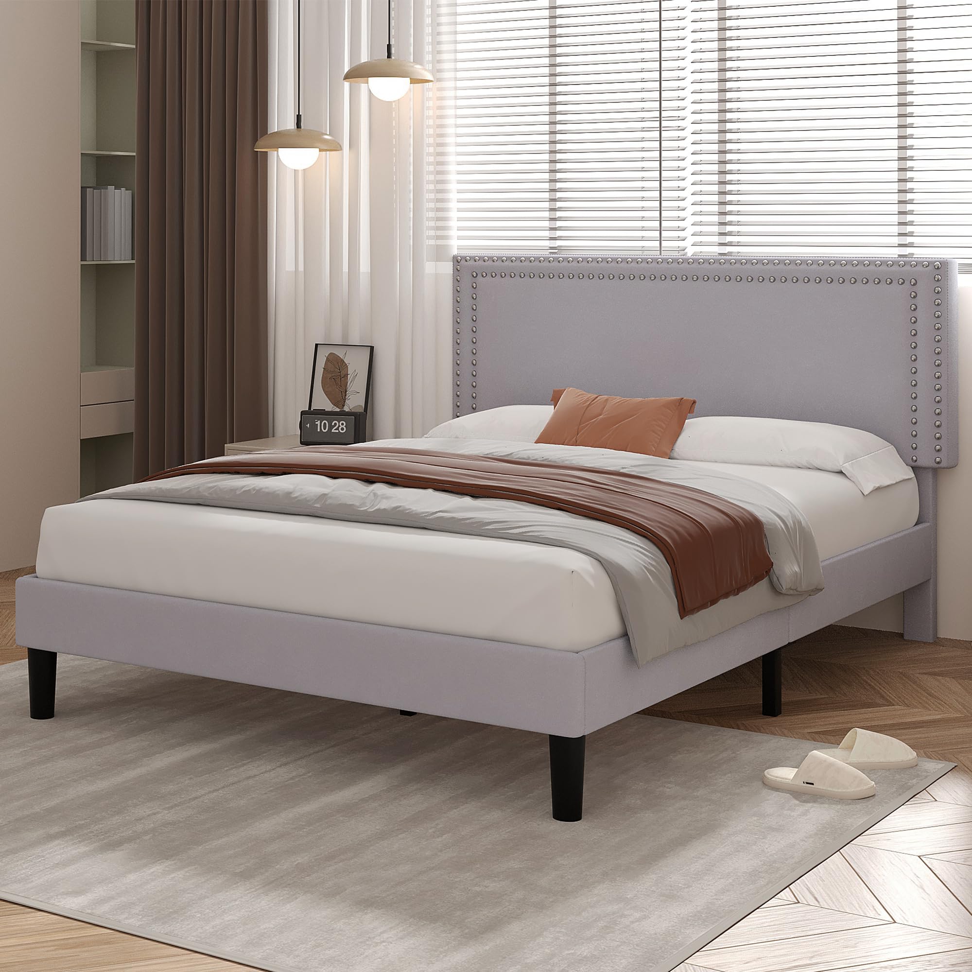 Queen Platform Bed Frame with Adjustable Upholstered Headboard