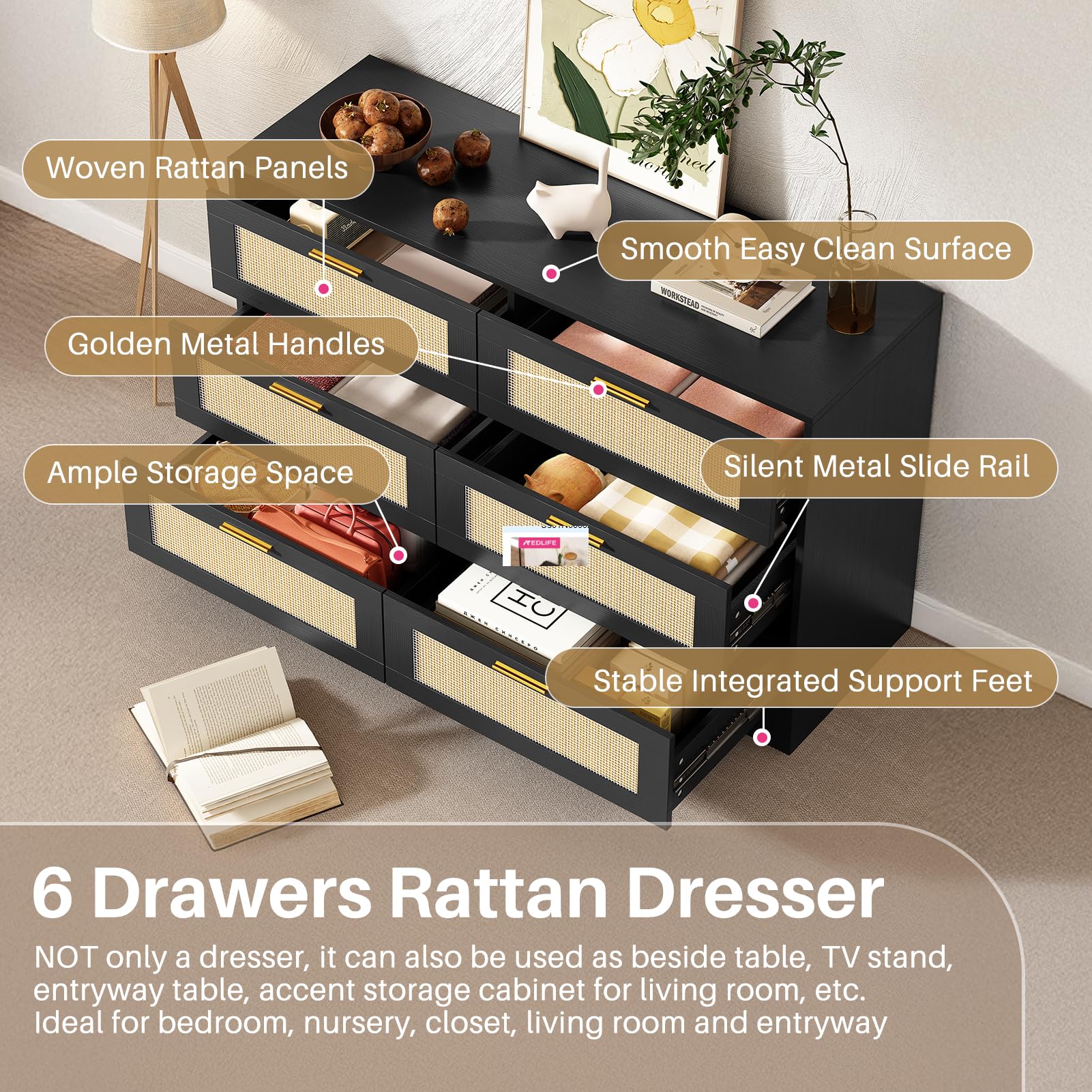 6 Drawer Rattan Dresser with Golden Handles