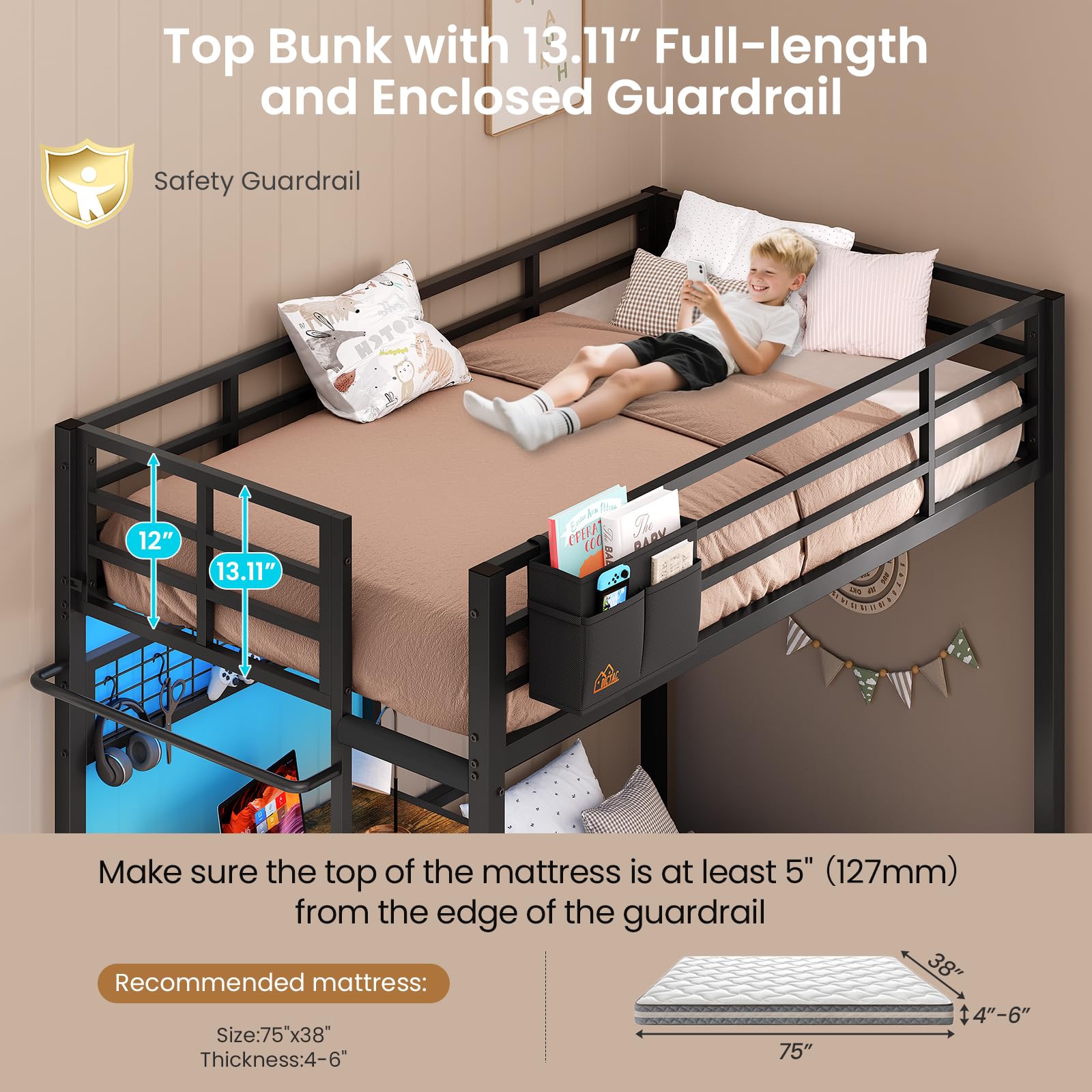 L-Shaped Twin Over Twin Bunk Bed with Desk and LED Lights