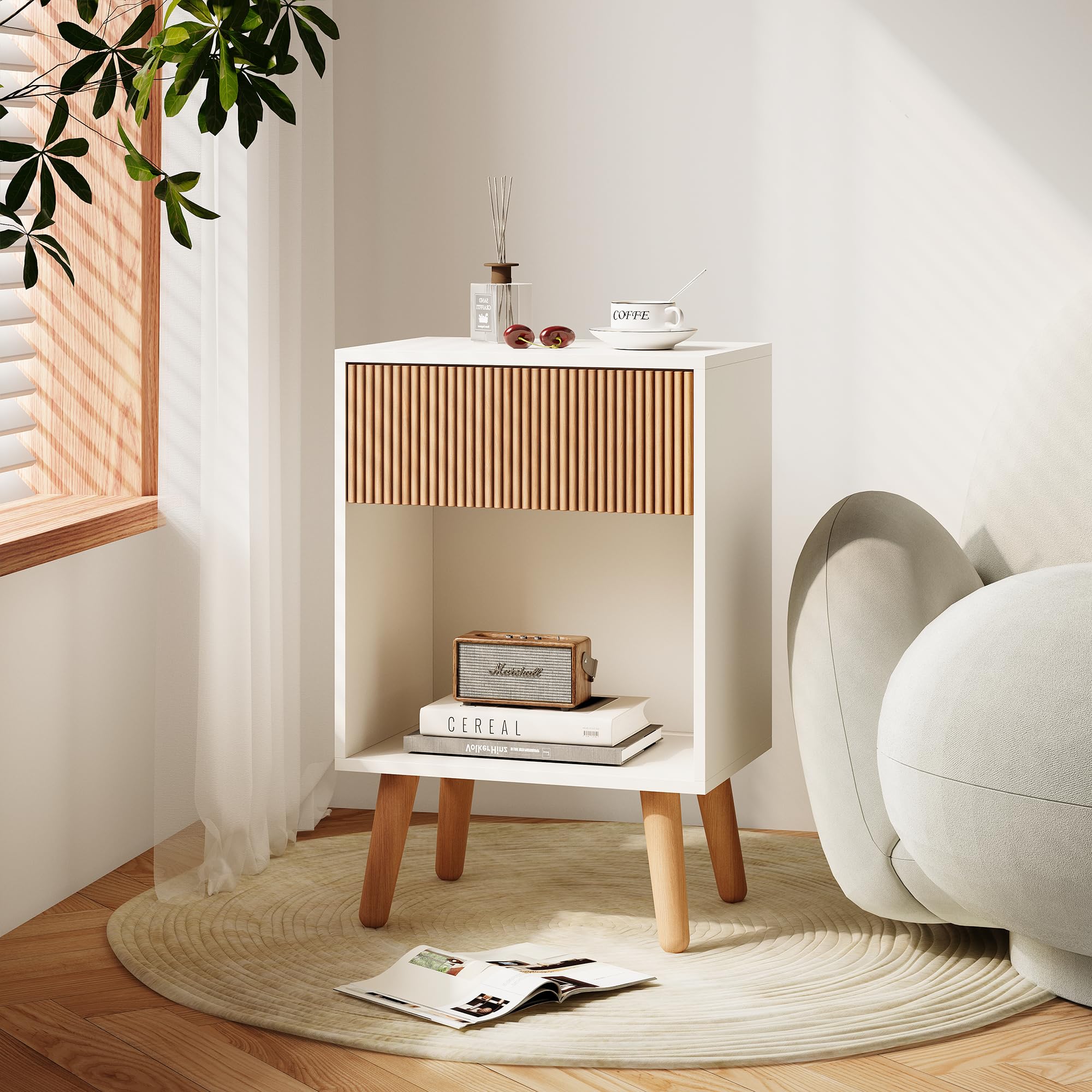 Modern White Oak Nightstand with Drawer and Open Shelf
