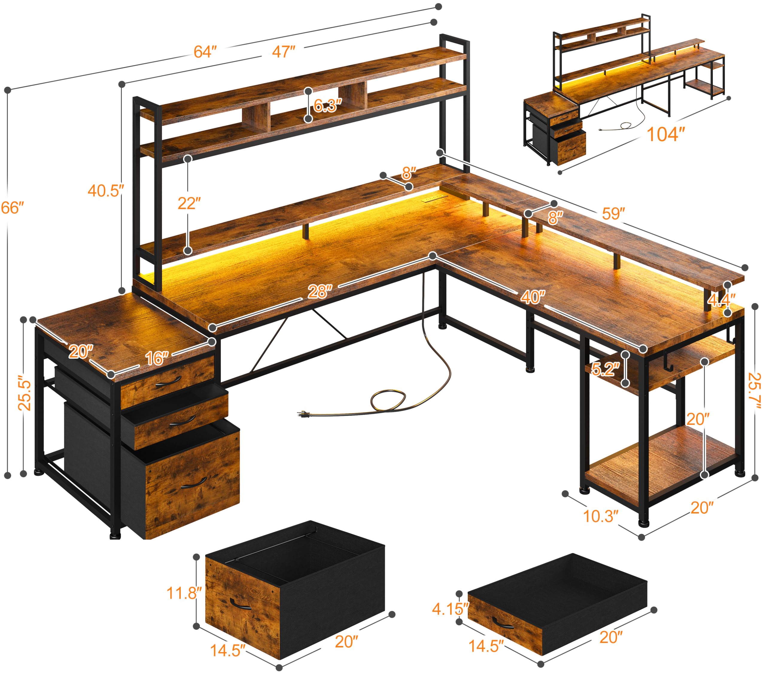 L-Shaped Gaming Desk with Hutch and LED Lights