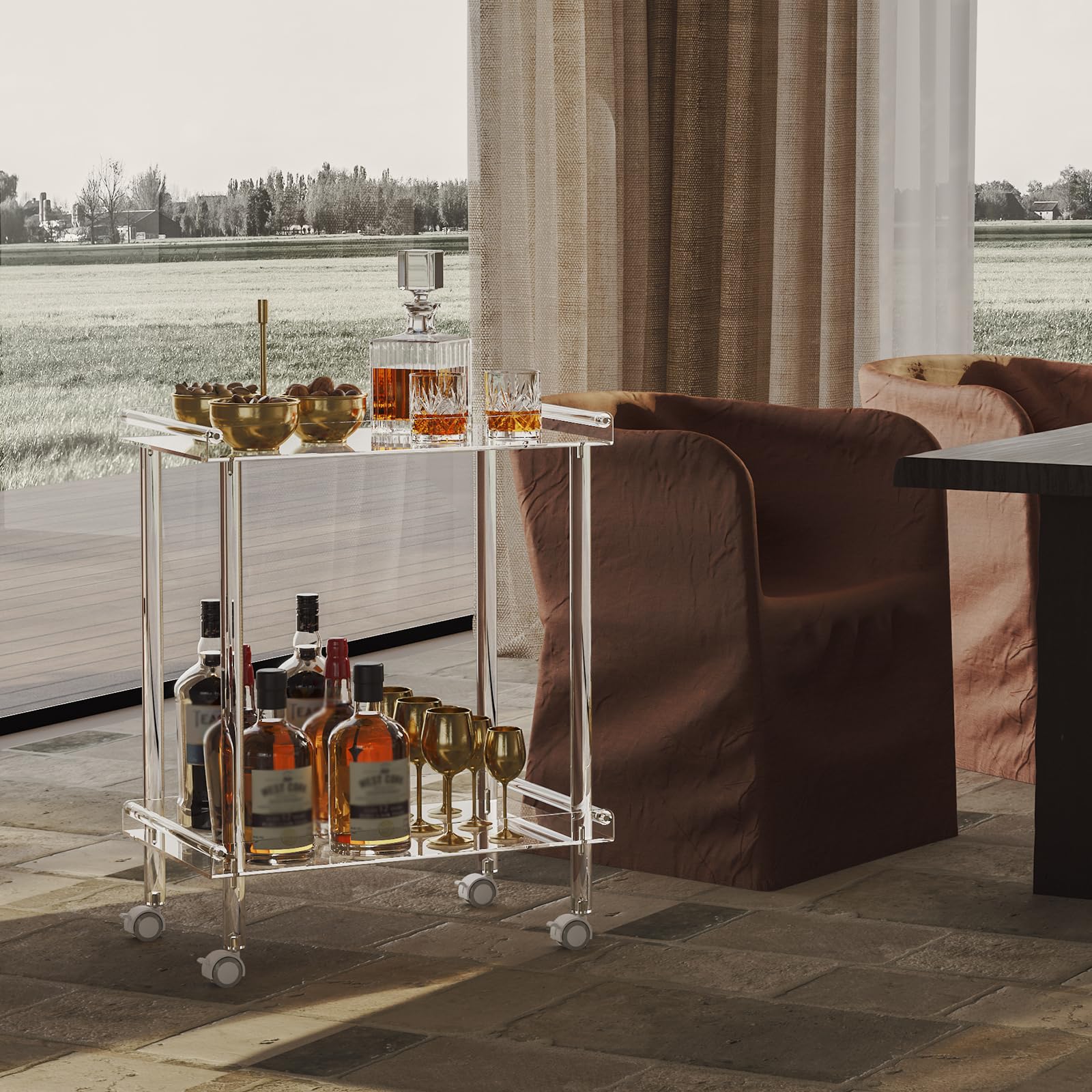 Acrylic Bar Cart with Lockable Wheels - 2 Tier Rolling Serving Cart