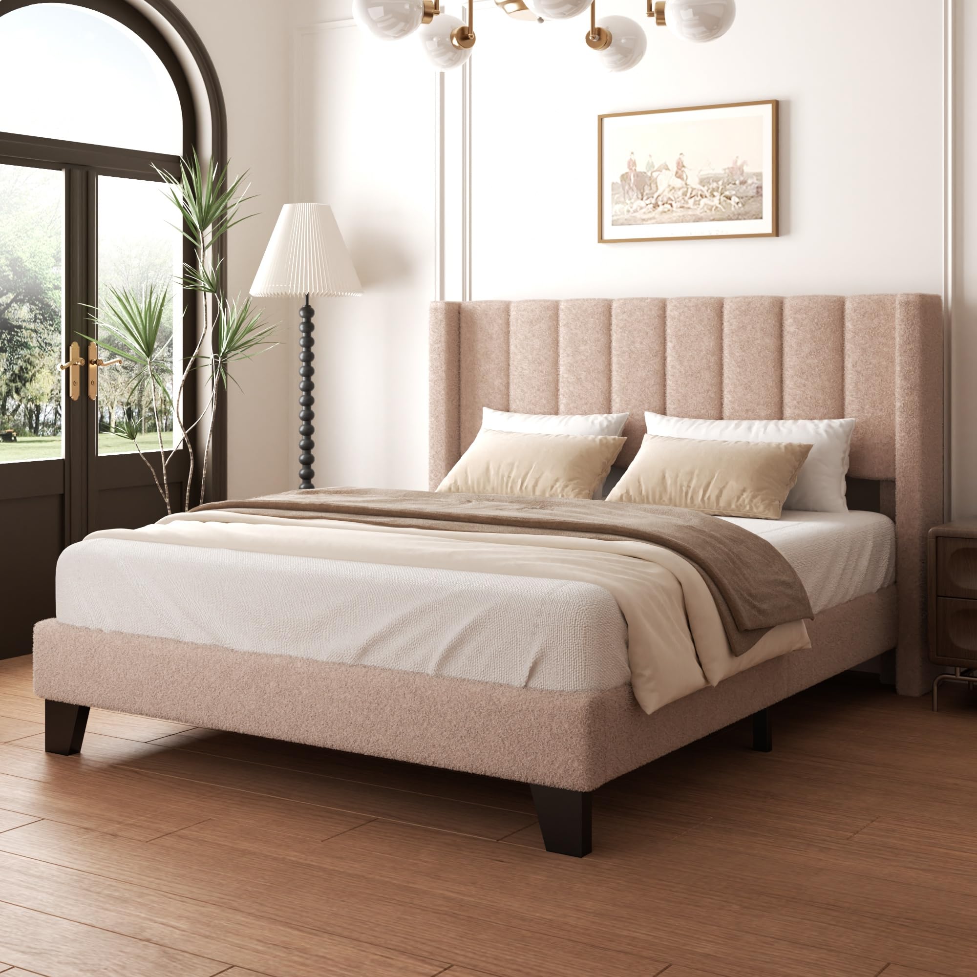 wirpexhowak Queen Bed Frame with Headboard Upholstered Platform Bed Frame with Teddy Velvet Headboard, Wooden Slats Support/Wing Edge Design/No Box Spring Needed/Easy Assembly, Brown Queen