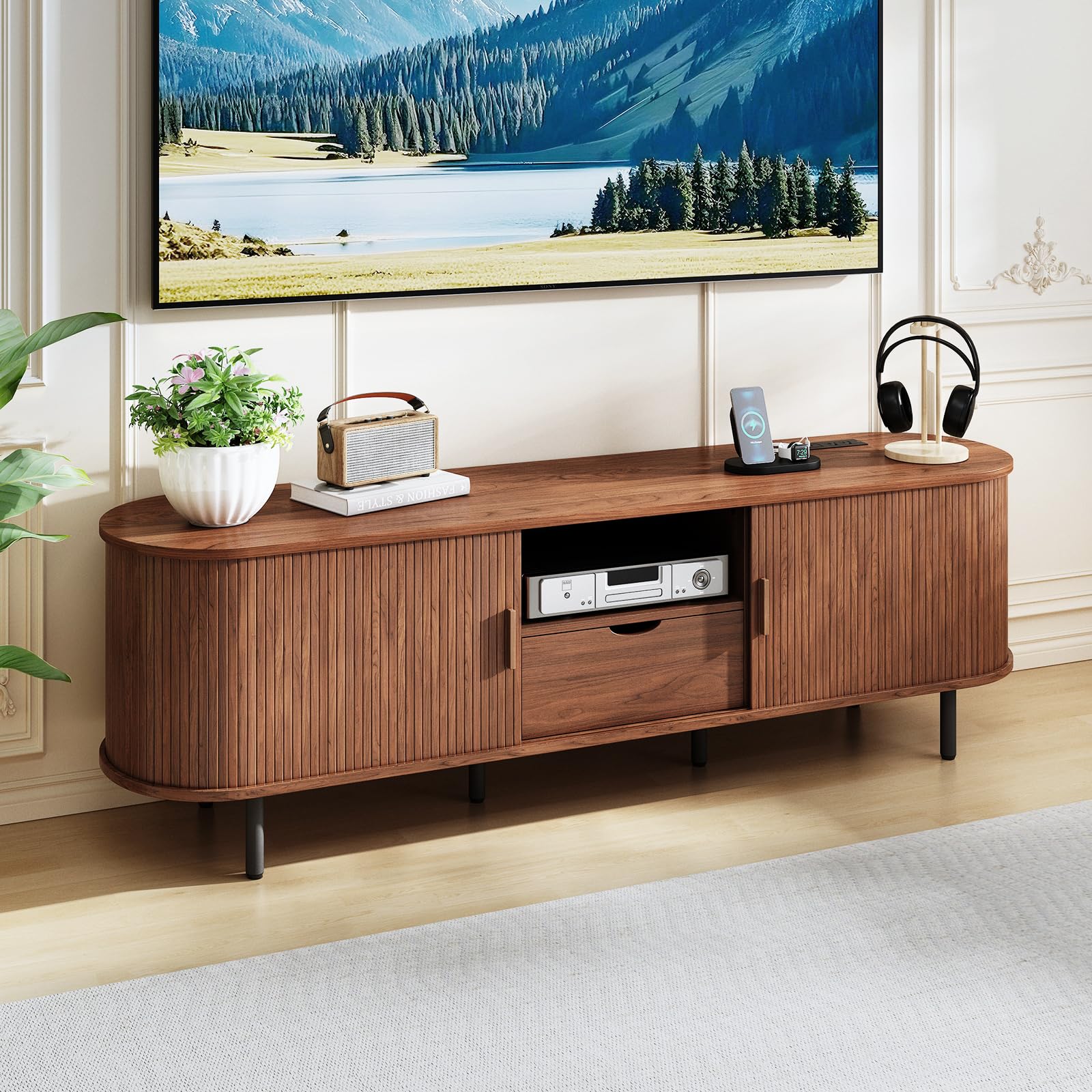 69" Mid-Century TV Stand with Power Outlet, Fluted Entertainment Center with Storage Drawer, TV Console with Sliding Door and Adjustable Shelves, TV Stand up to 80" for Living Room, Bedroom, Walnut