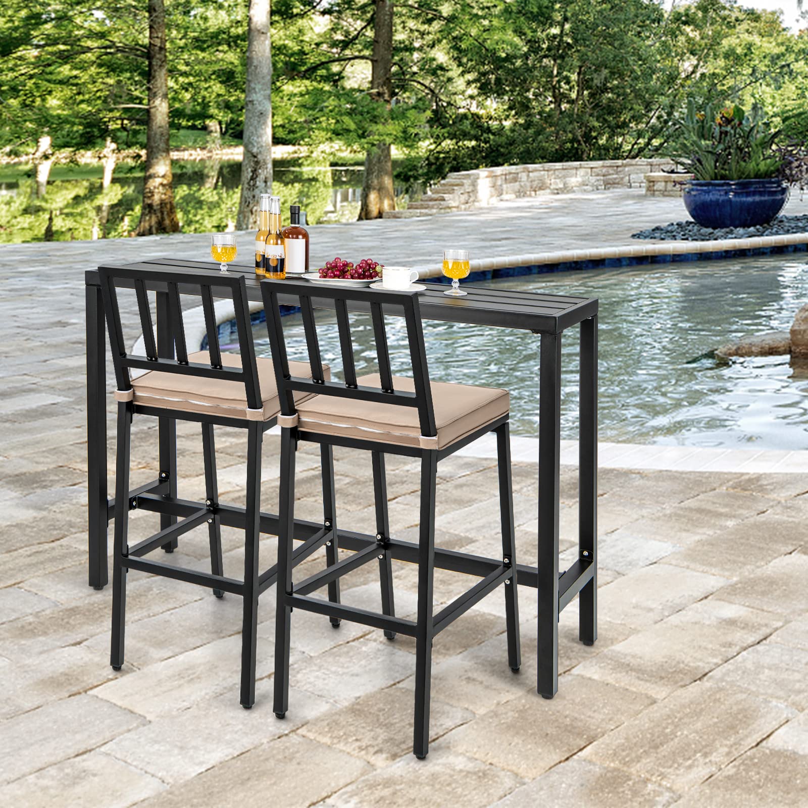 3 Piece Outdoor Patio Bar Set with Cushioned Stools