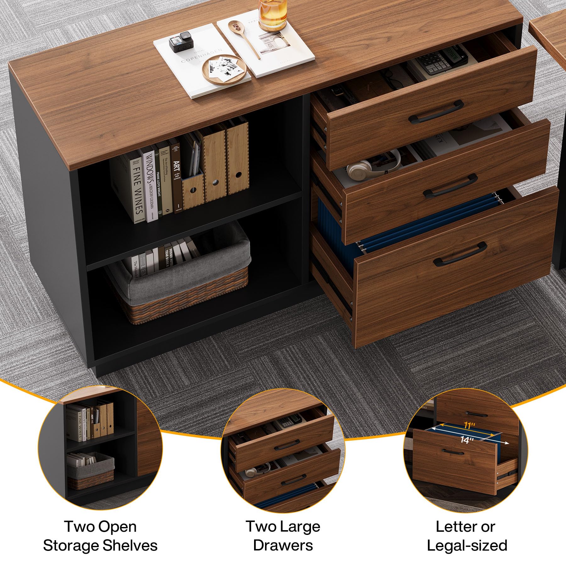 63'' L-Shaped Executive Desk with Drawers Cabinet and Storage Shelves