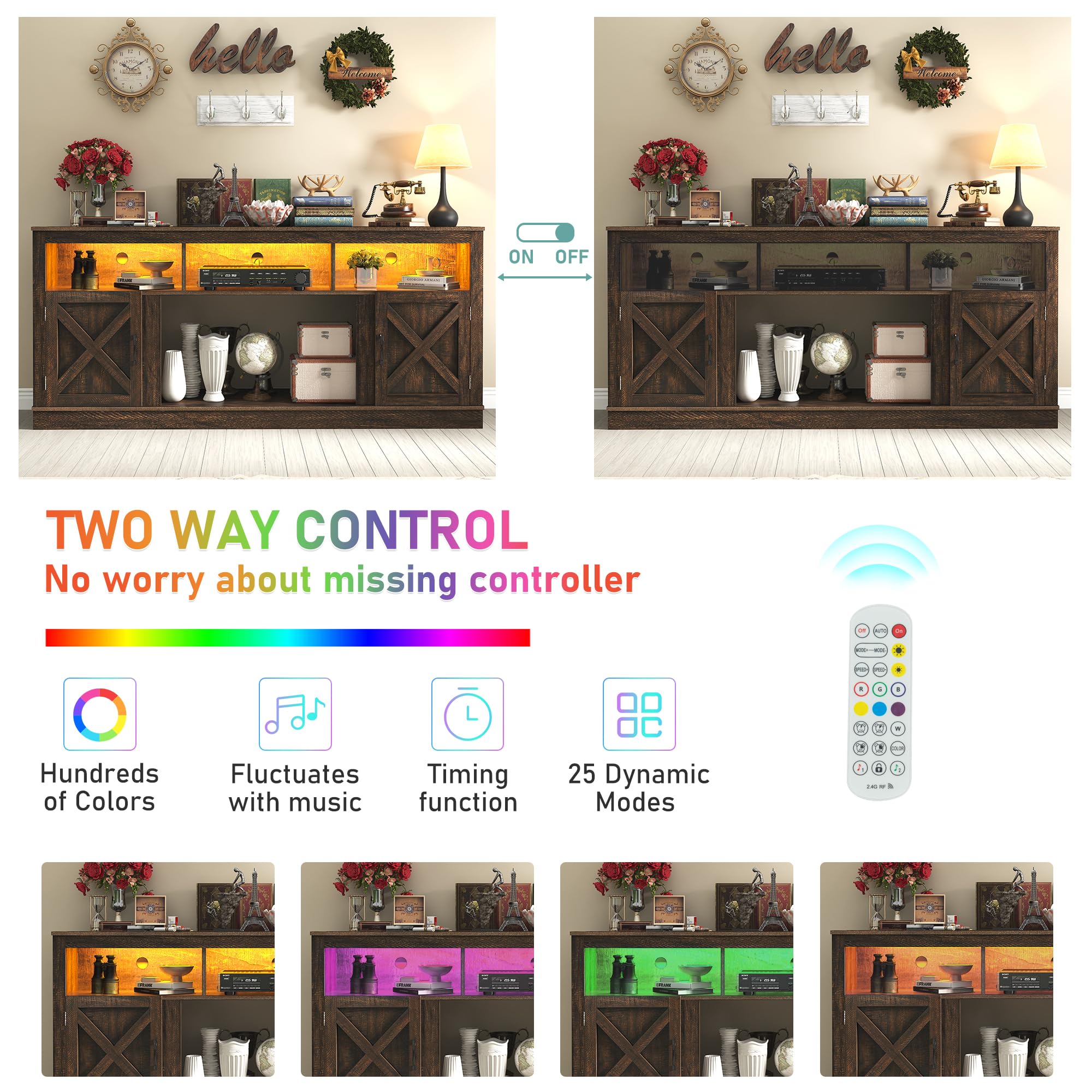 Farmhouse TV Stand for 70-80 Inch TV with LED Light and Barn Doors