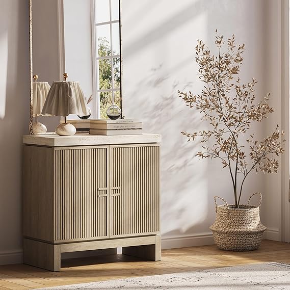 Travertine Sideboard Buffet Cabinet with Fluted Doors