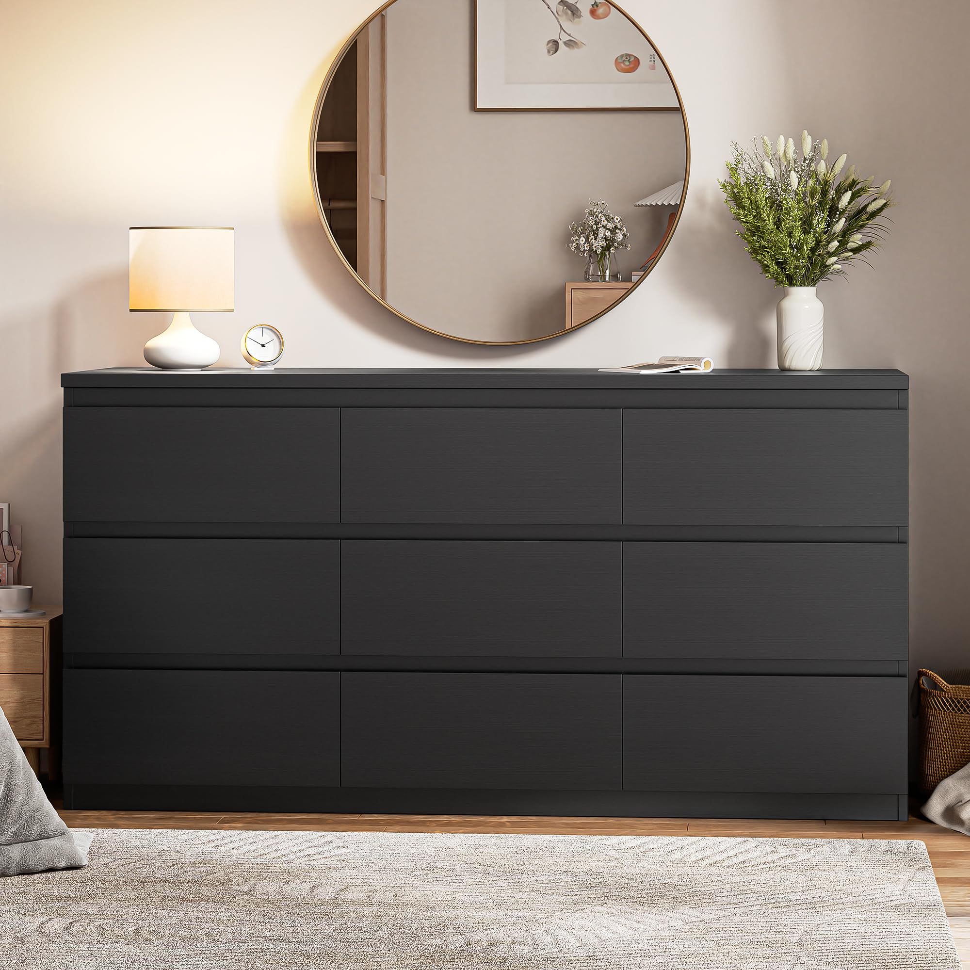 Modern Black 9-Drawer Dresser with Deep Storage