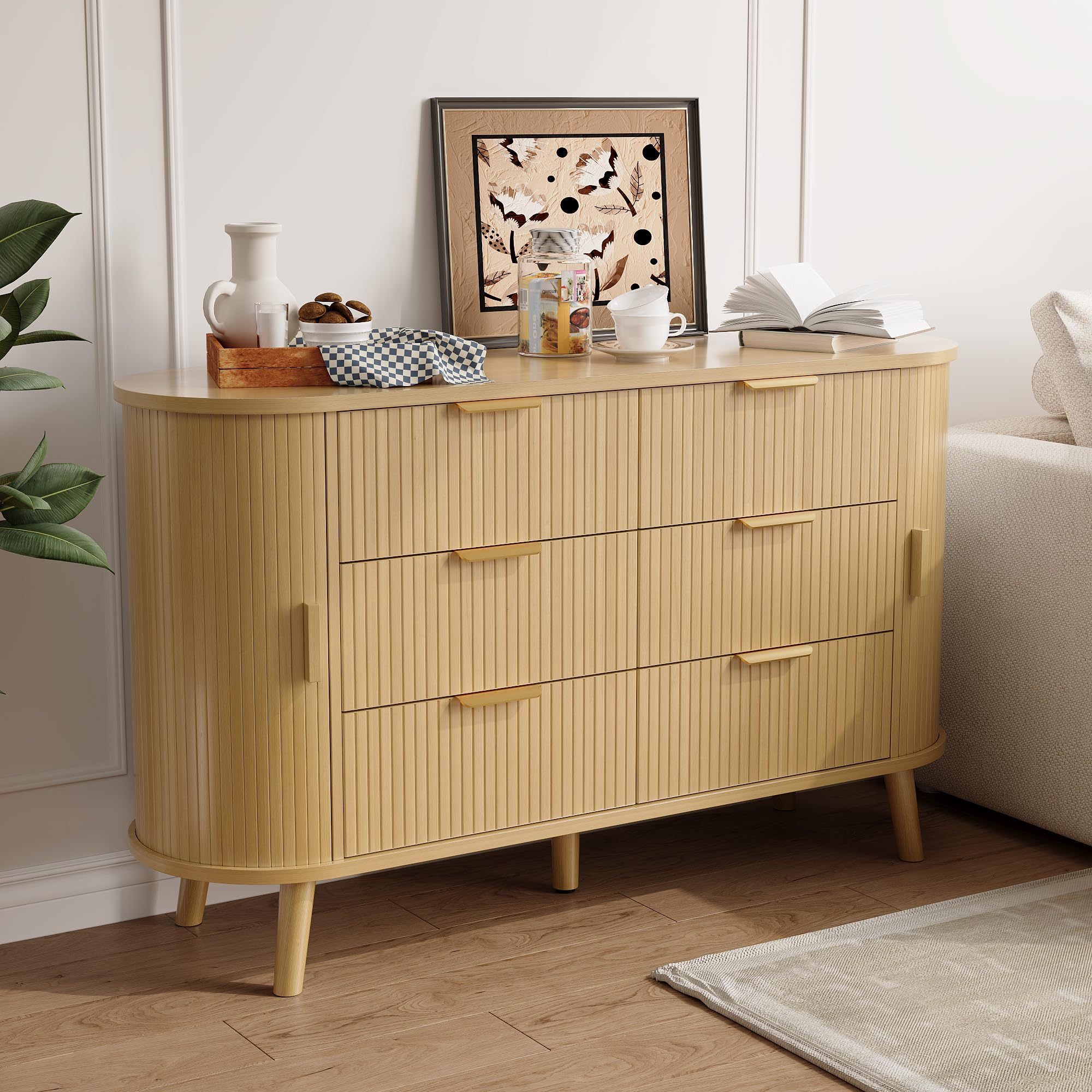 Fluted 6-Drawer Dresser with Sliding Door - 55 Inch Wide Mid-Century Modern