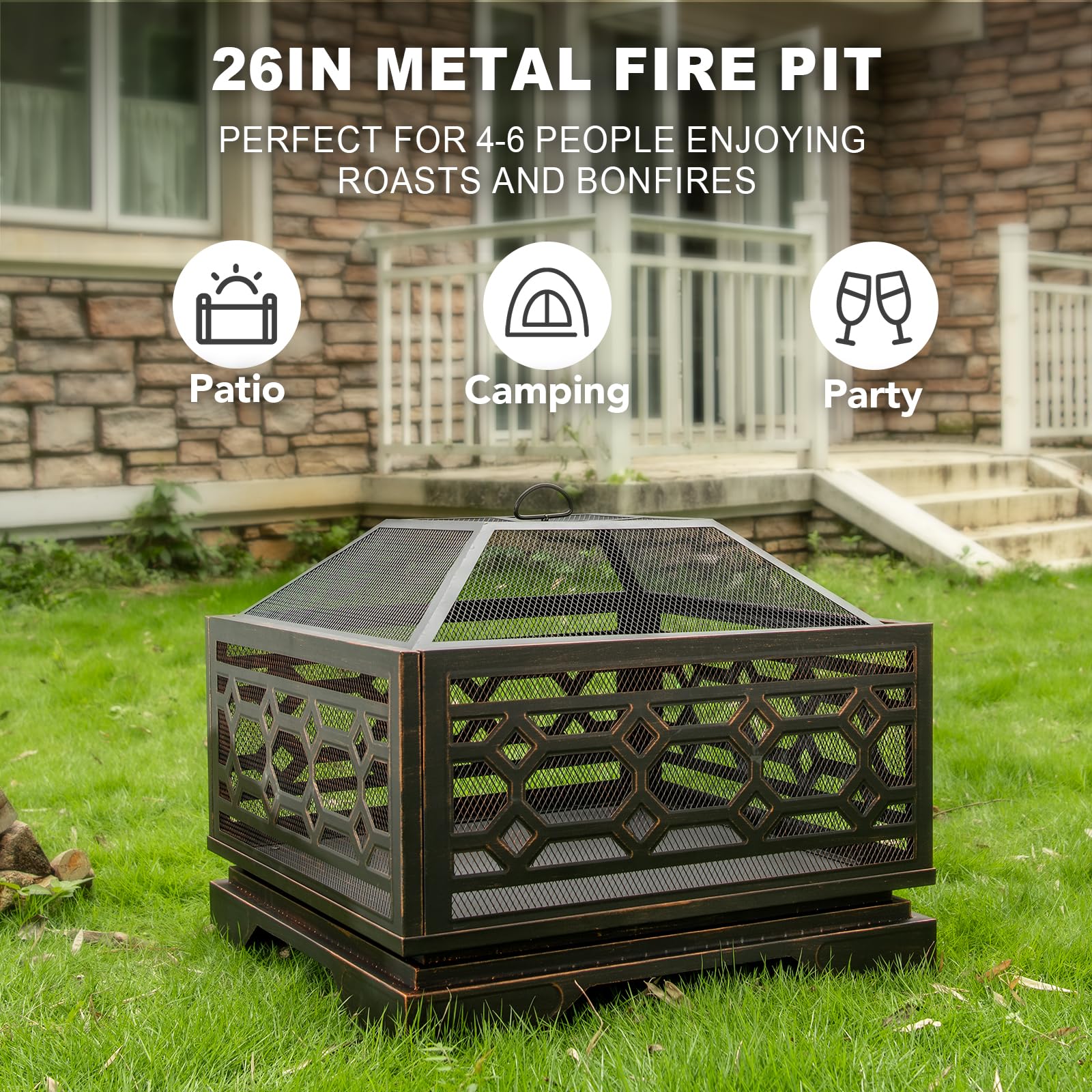 26 Inch Square Wood Burning Fire Pit with Mesh Cover