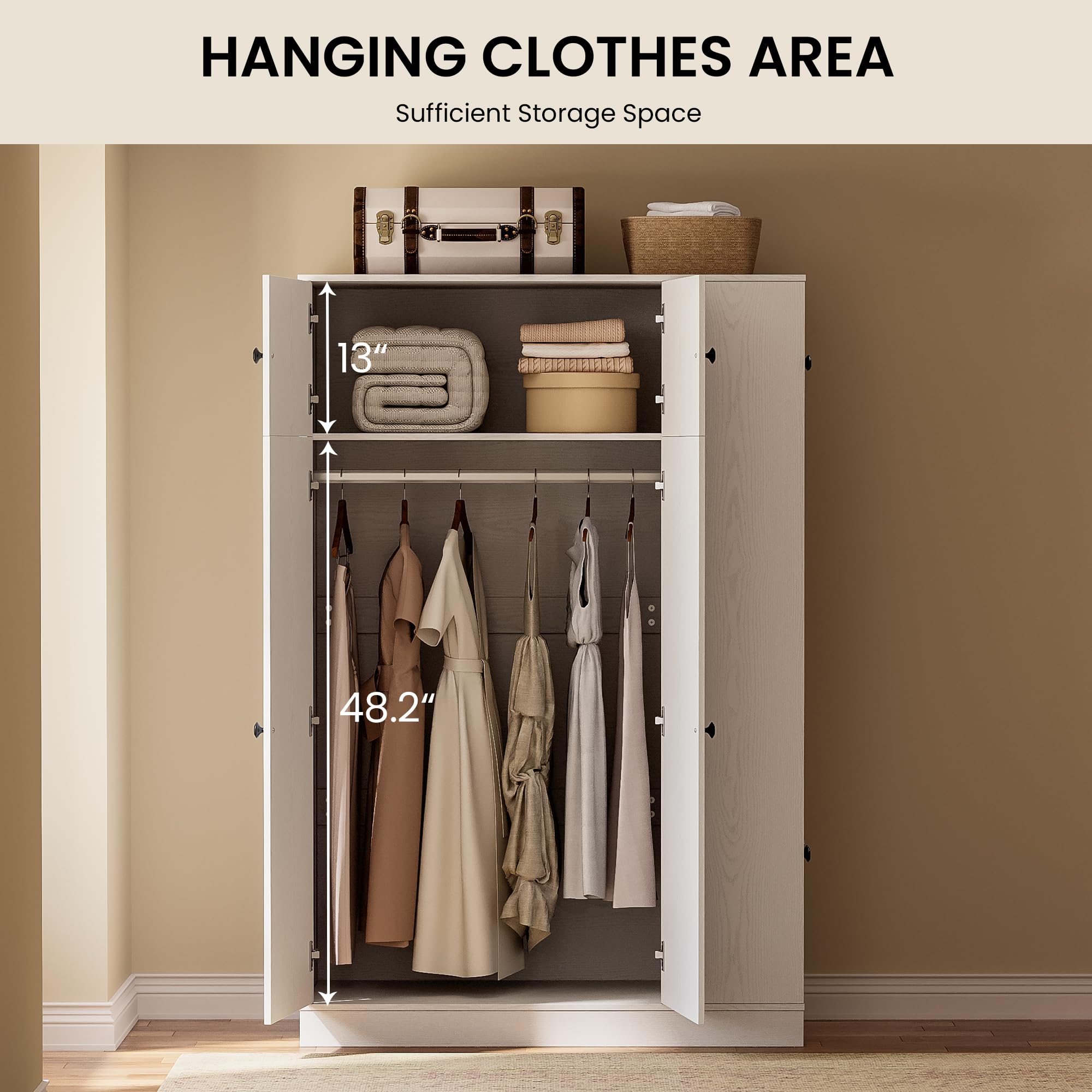 Modern White Armoire Wardrobe Closet with Adjustable Shelves and Side Storage Tower