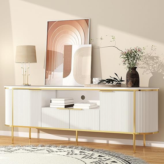 70" White Fluted TV Stand with Faux Marble Top