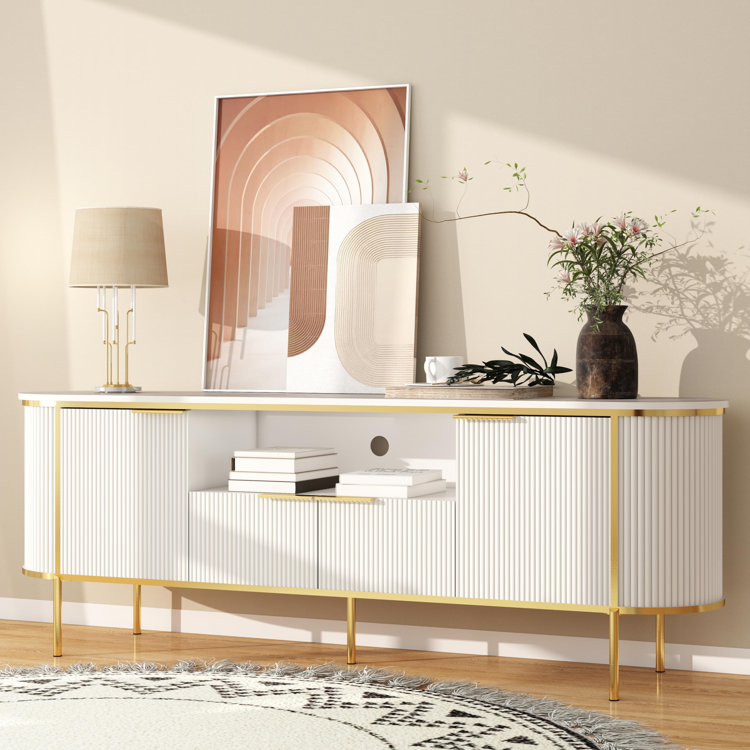 70" White Fluted TV Stand with Faux Marble Top